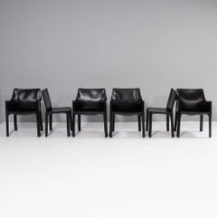 Cassina by Mario Bellini 'Cab' Black Leather Carver Dining Chairs, Set of 6