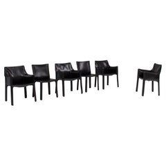 Cassina by Mario Bellini 'Cab' Black Leather Carver Dining Chairs, Set of 6