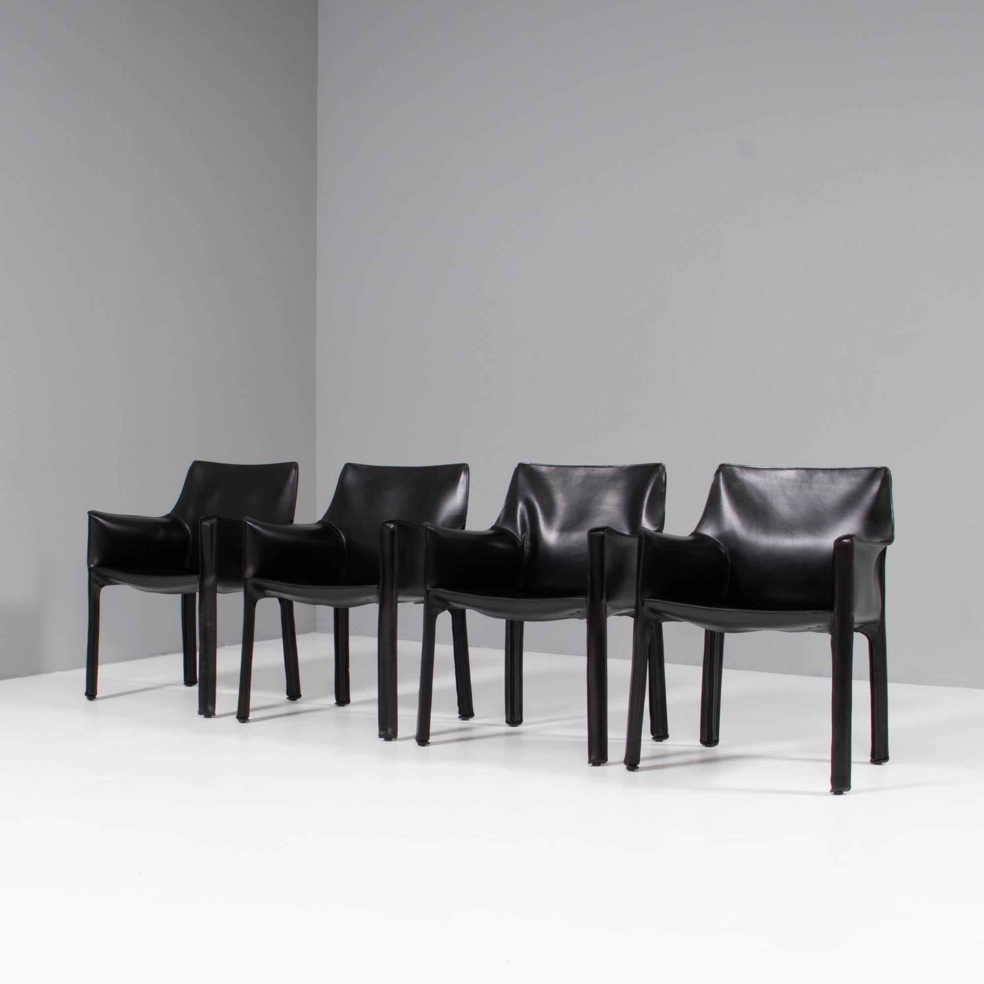 Italian Cassina by Mario Bellini 'Cab' Black Leather Carver Dining Chairs, Set of Four
