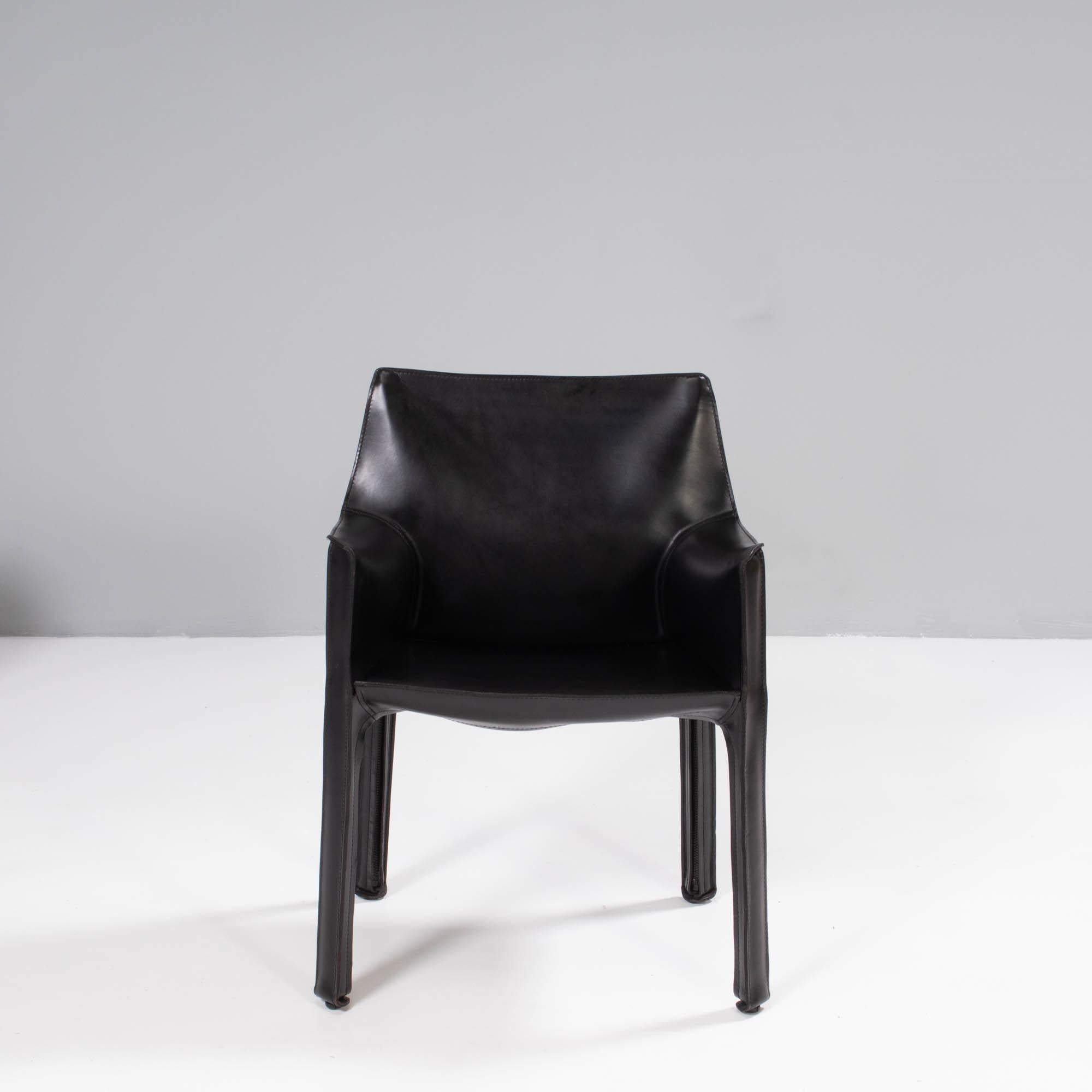 Cassina by Mario Bellini 'Cab' Black Leather Carver Dining Chairs, Set of Four In Good Condition In London, GB