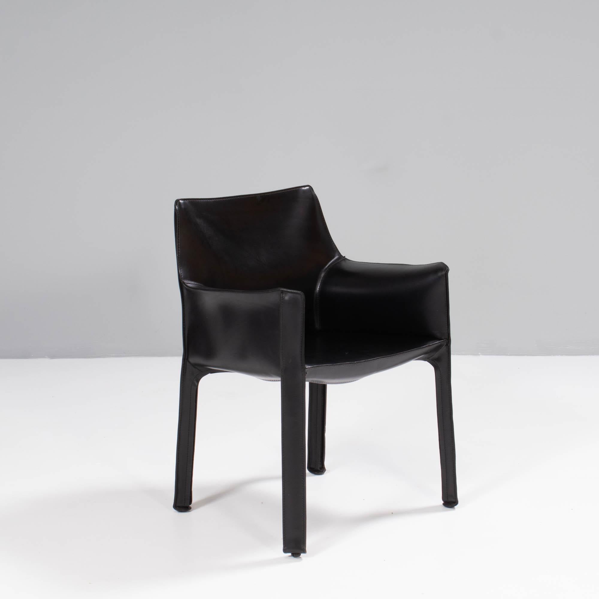 Late 20th Century Cassina by Mario Bellini 'Cab' Black Leather Carver Dining Chairs, Set of Four