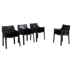 Cassina by Mario Bellini 'Cab' Black Leather Carver Dining Chairs, Set of Four