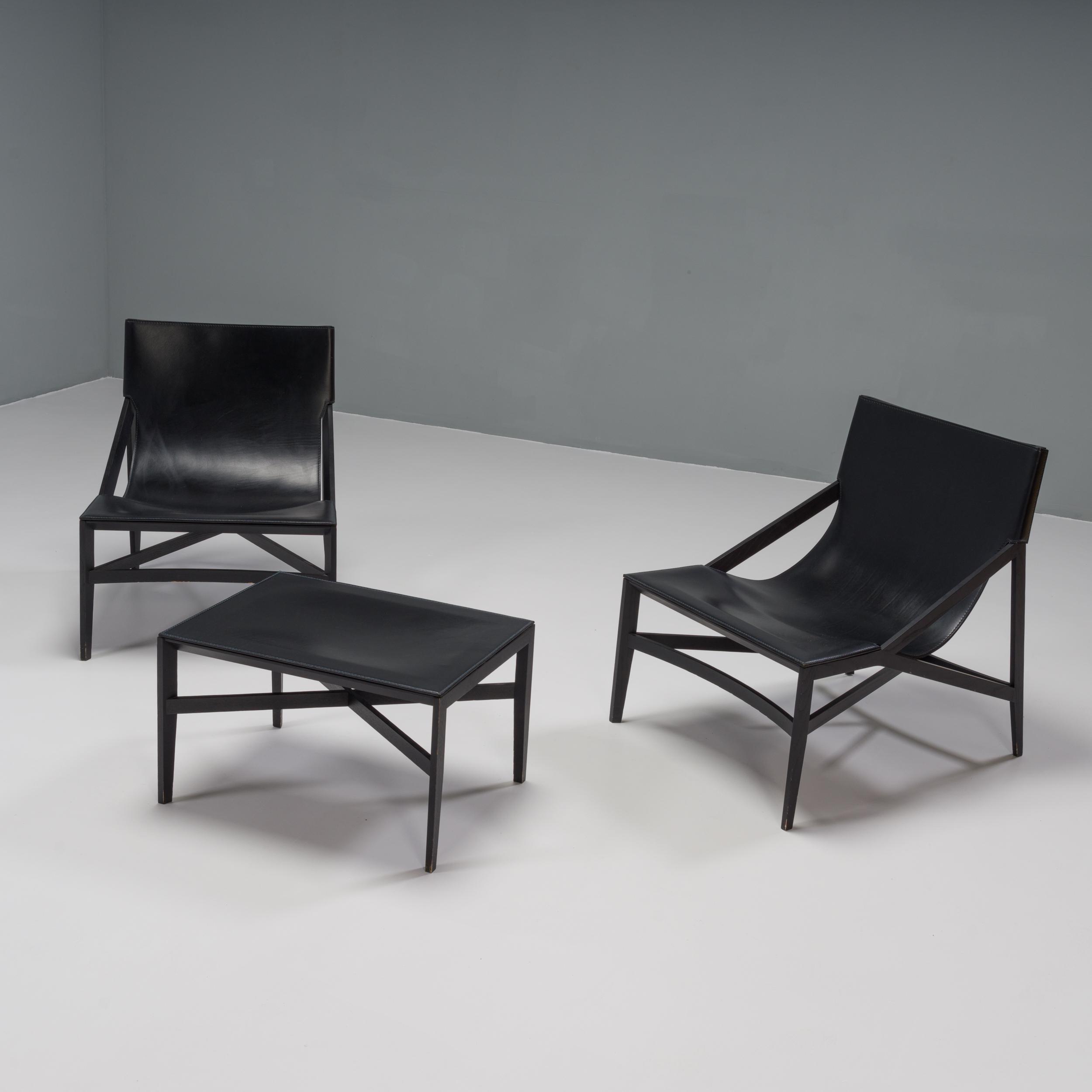 Cassina by Rodolfo Dordoni Black Leather 470 Pilotta Armchairs & Footstool, 2008 In Good Condition In London, GB