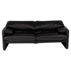 Cassina by Vico Magistretti Maralunga Schwarzes Ledersofa