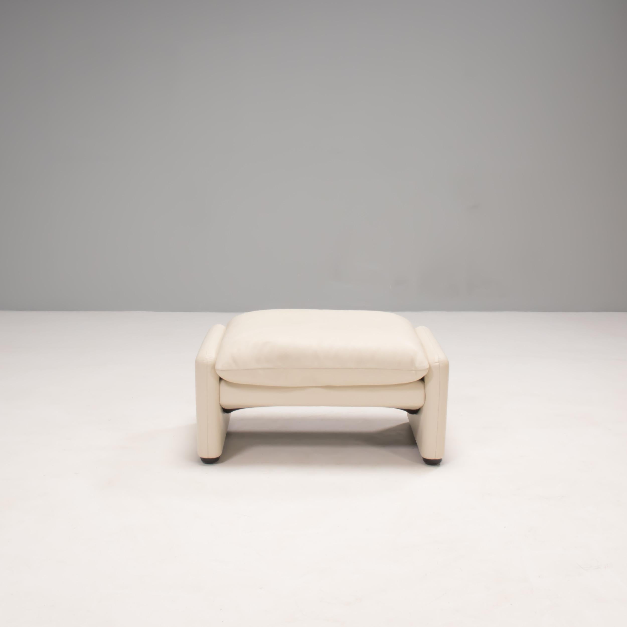 Cassina by Vico Magistretti Maralunga Cream Leather Armchair and Footstool 1