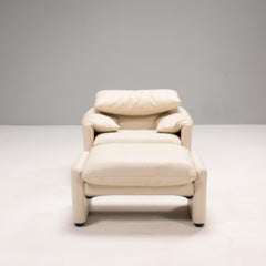 Cassina by Vico Magistretti Maralunga Cream Leather Armchair and Footstool