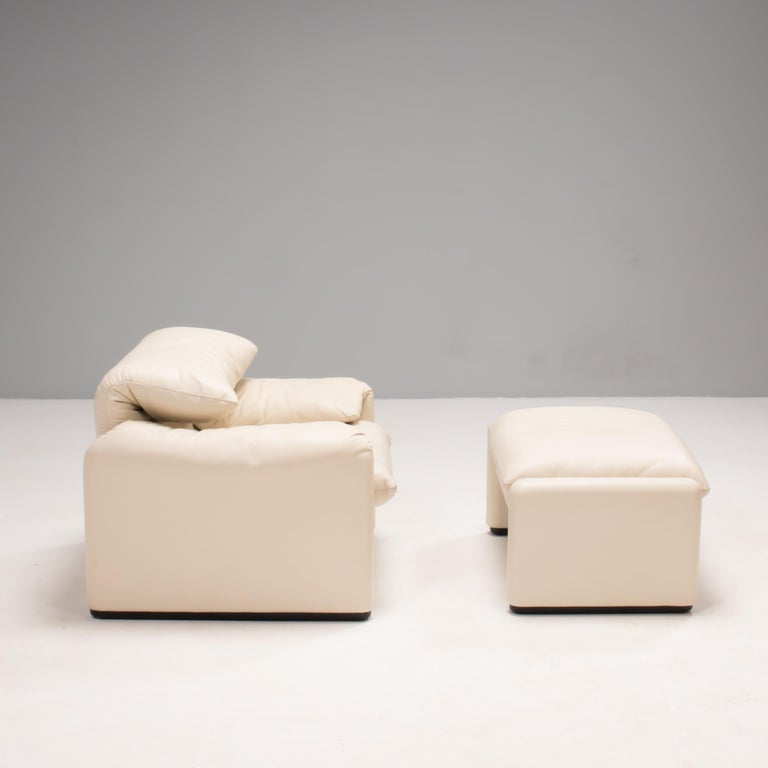 Modern Cassina by Vico Magistretti Maralunga Cream Leather Armchair and Footstool For Sale