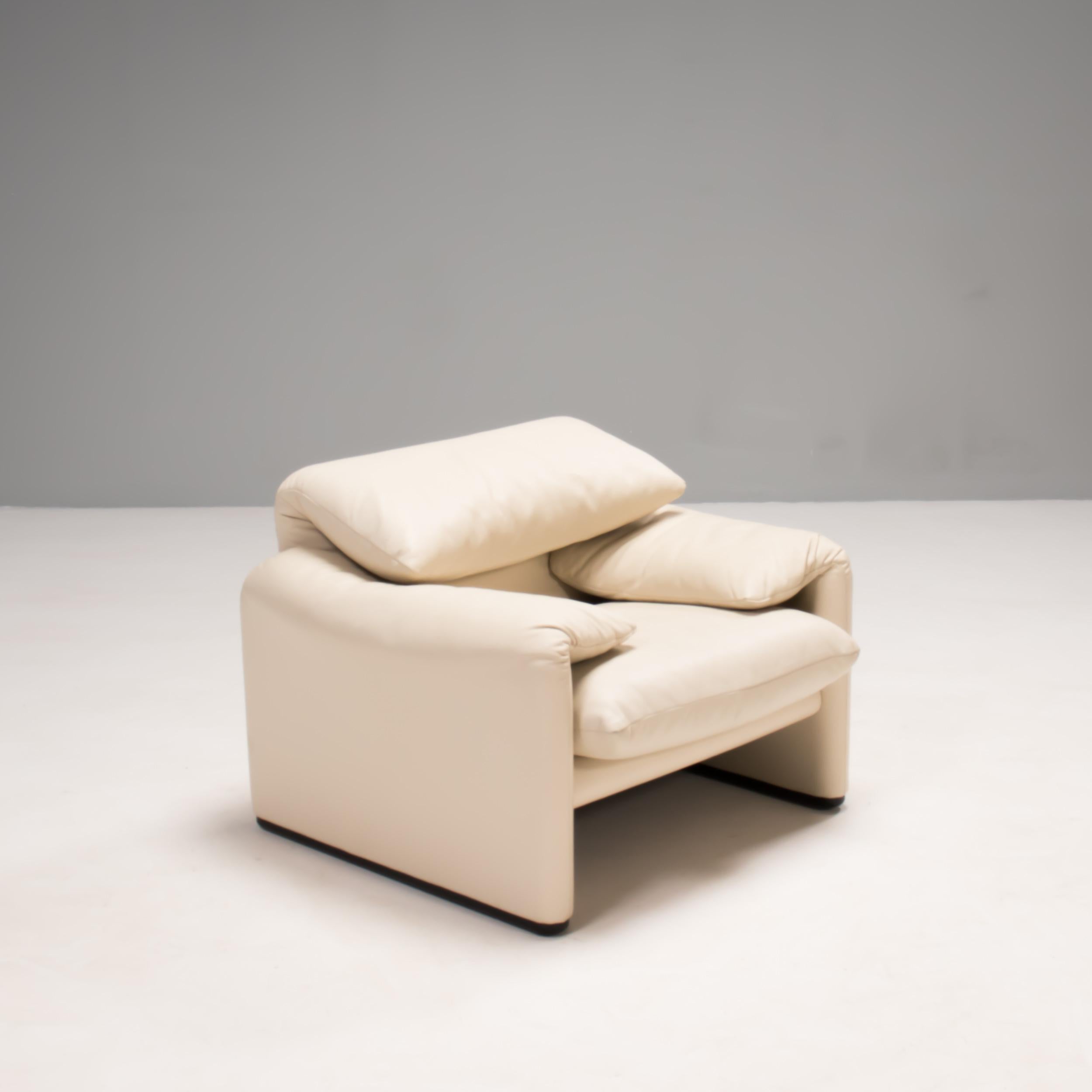 Modern Cassina by Vico Magistretti Maralunga Cream Leather Armchair and Footstool