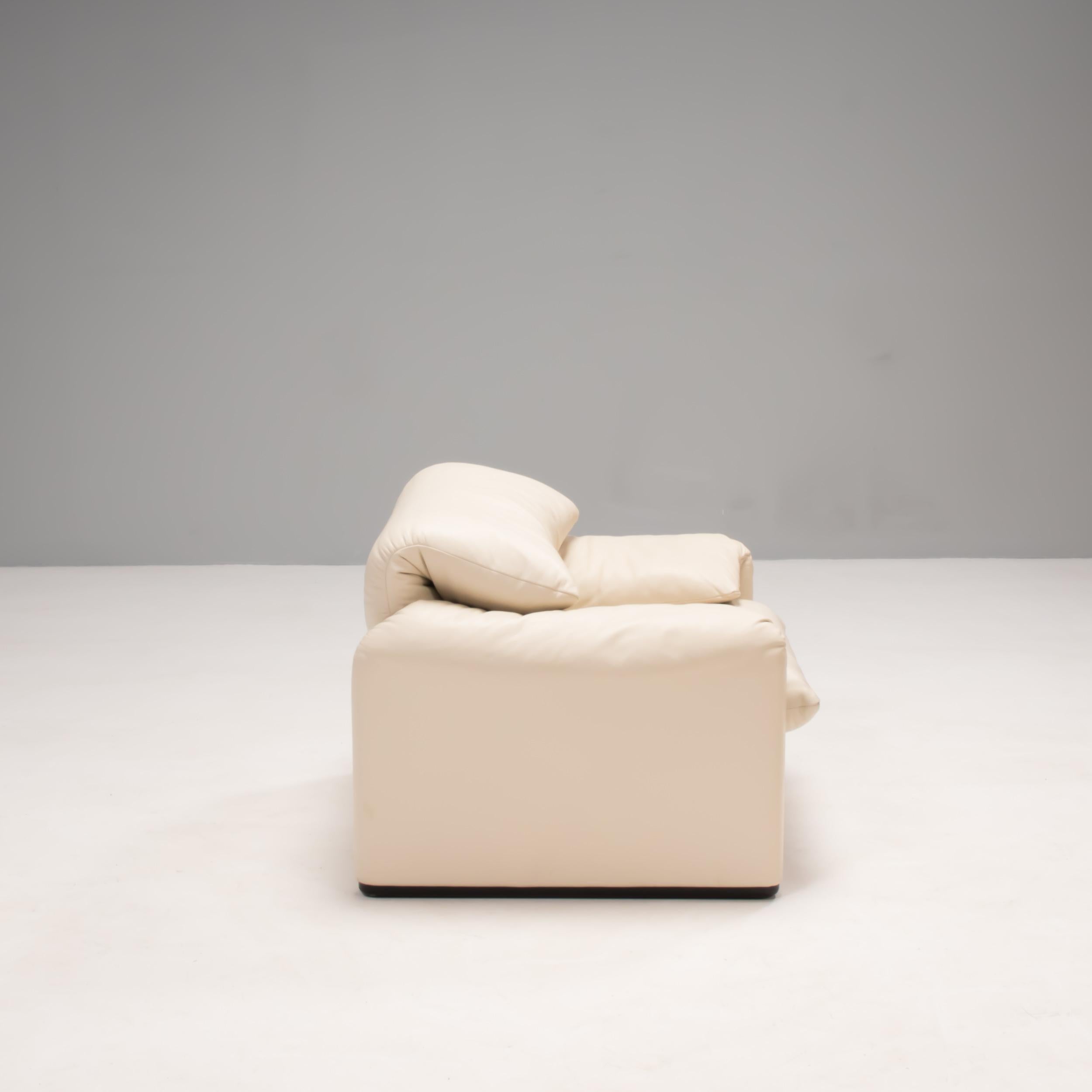 Italian Cassina by Vico Magistretti Maralunga Cream Leather Armchair and Footstool