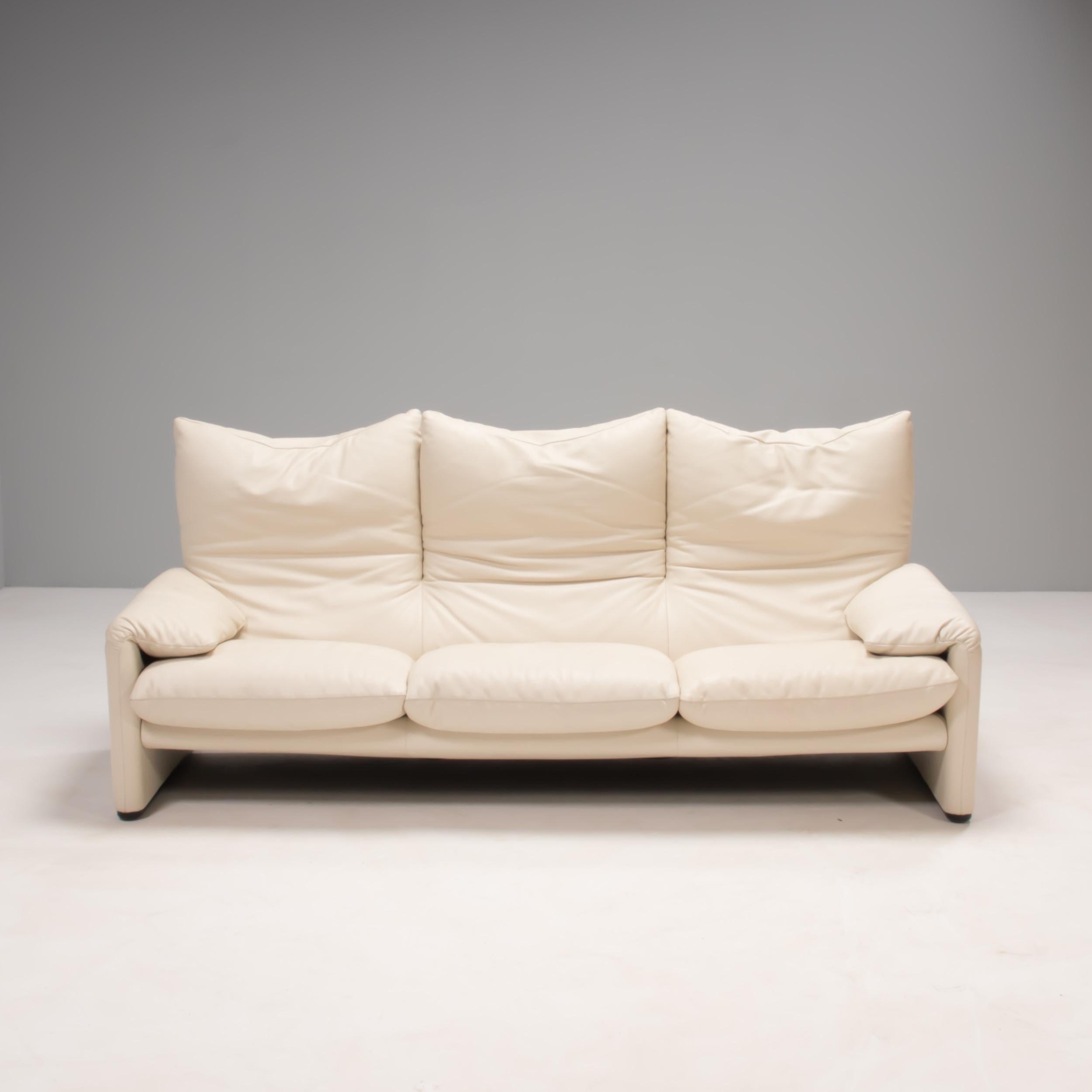 Modern Cassina by Vico Magistretti Maralunga Cream Leather Three Seater Sofa