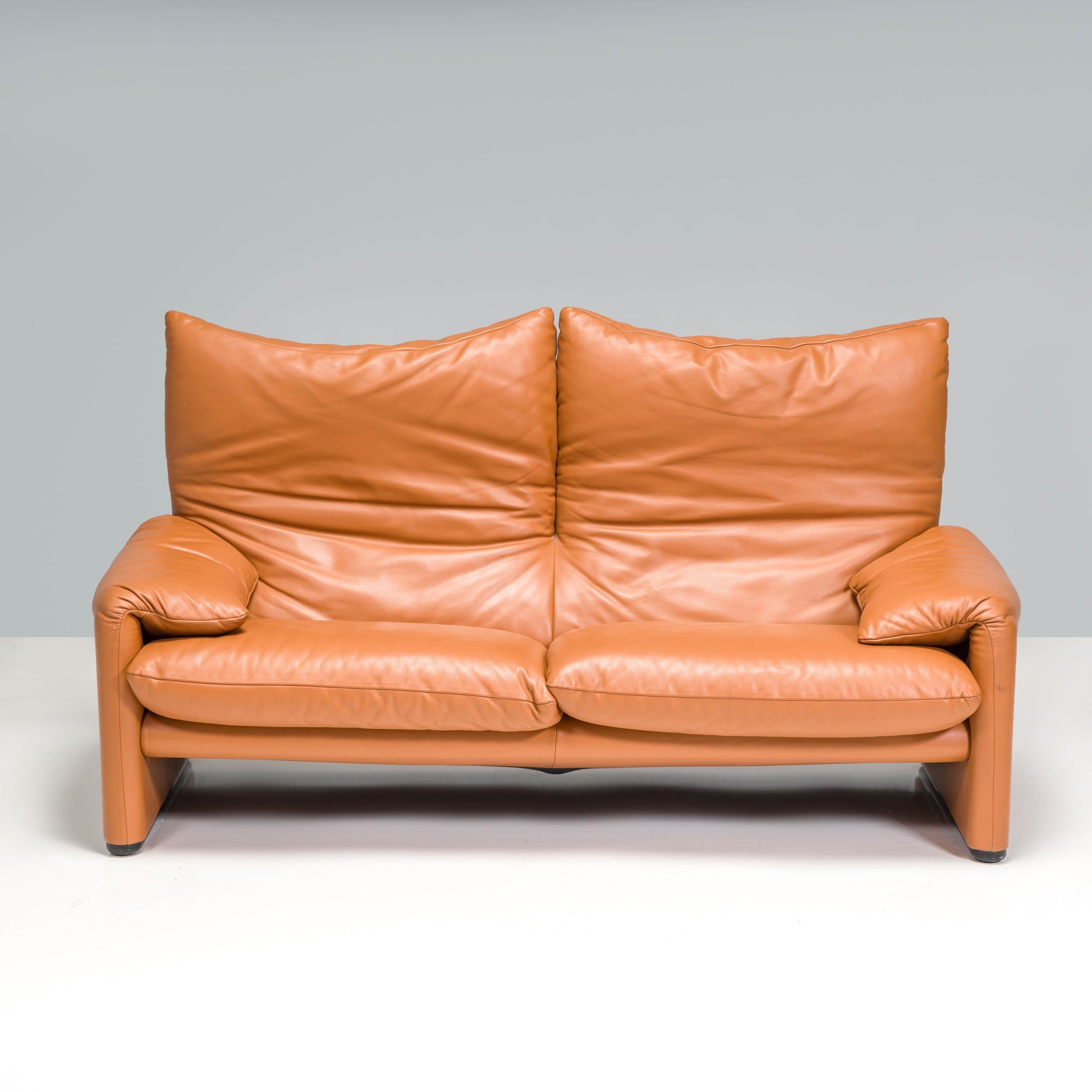 Italian Cassina by Vico Magistretti Maralunga Tan Leather Two-Seater Sofa