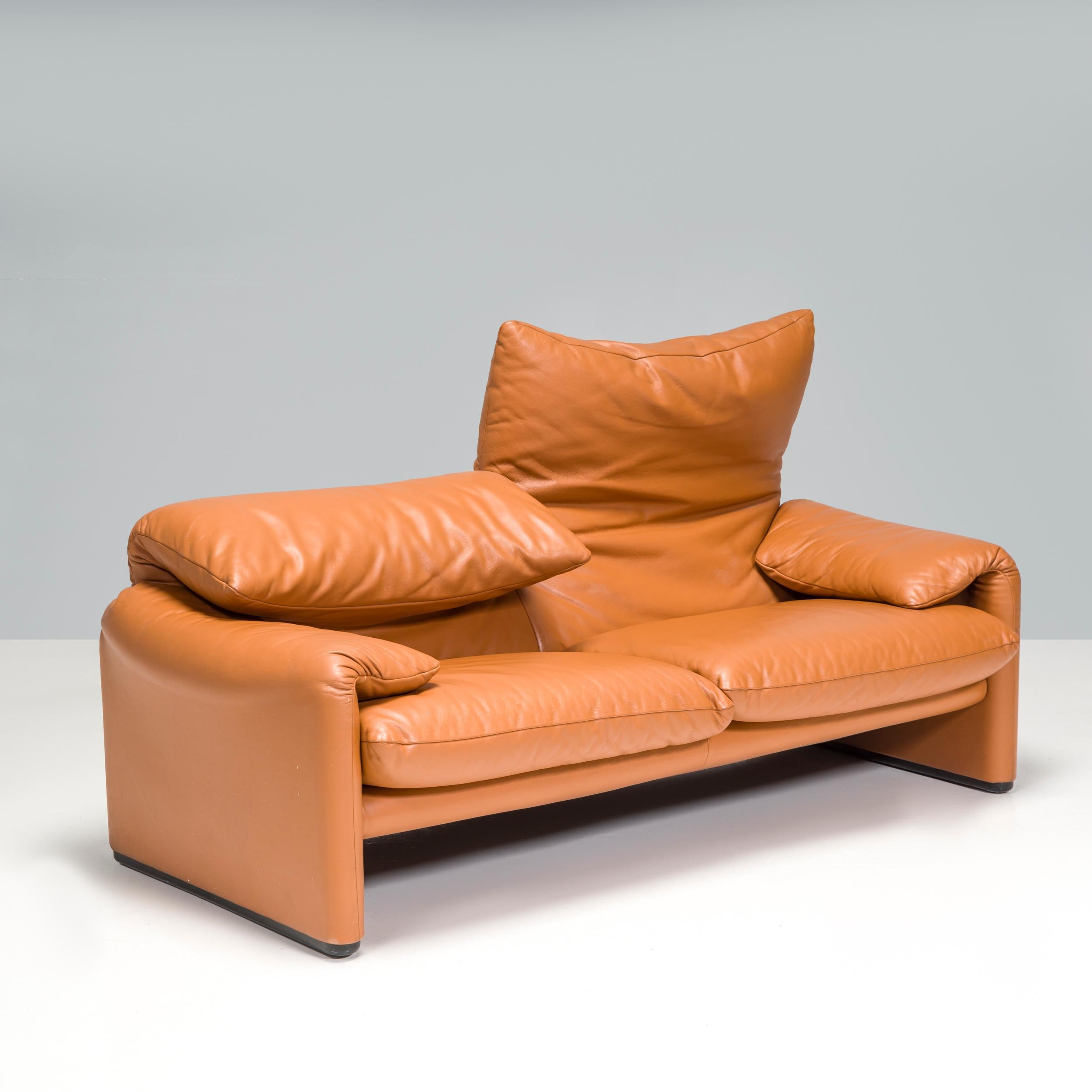 Contemporary Cassina by Vico Magistretti Maralunga Tan Leather Two-Seater Sofa