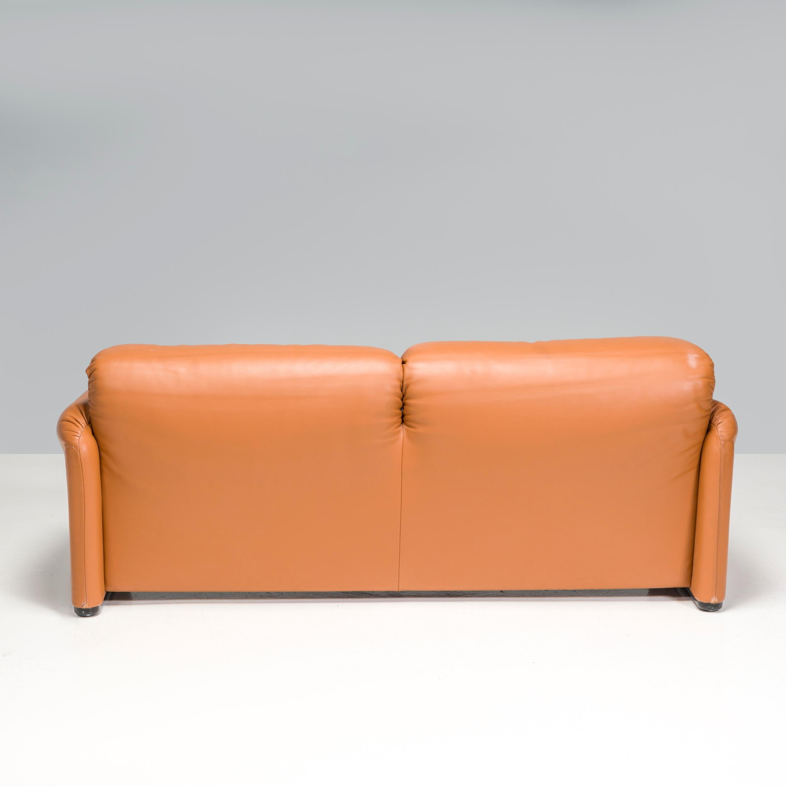 Cassina by Vico Magistretti Maralunga Tan Leather Two-Seater Sofa 1