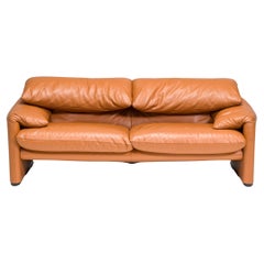 Cassina by Vico Magistretti Maralunga Tan Leather Two-Seater Sofa