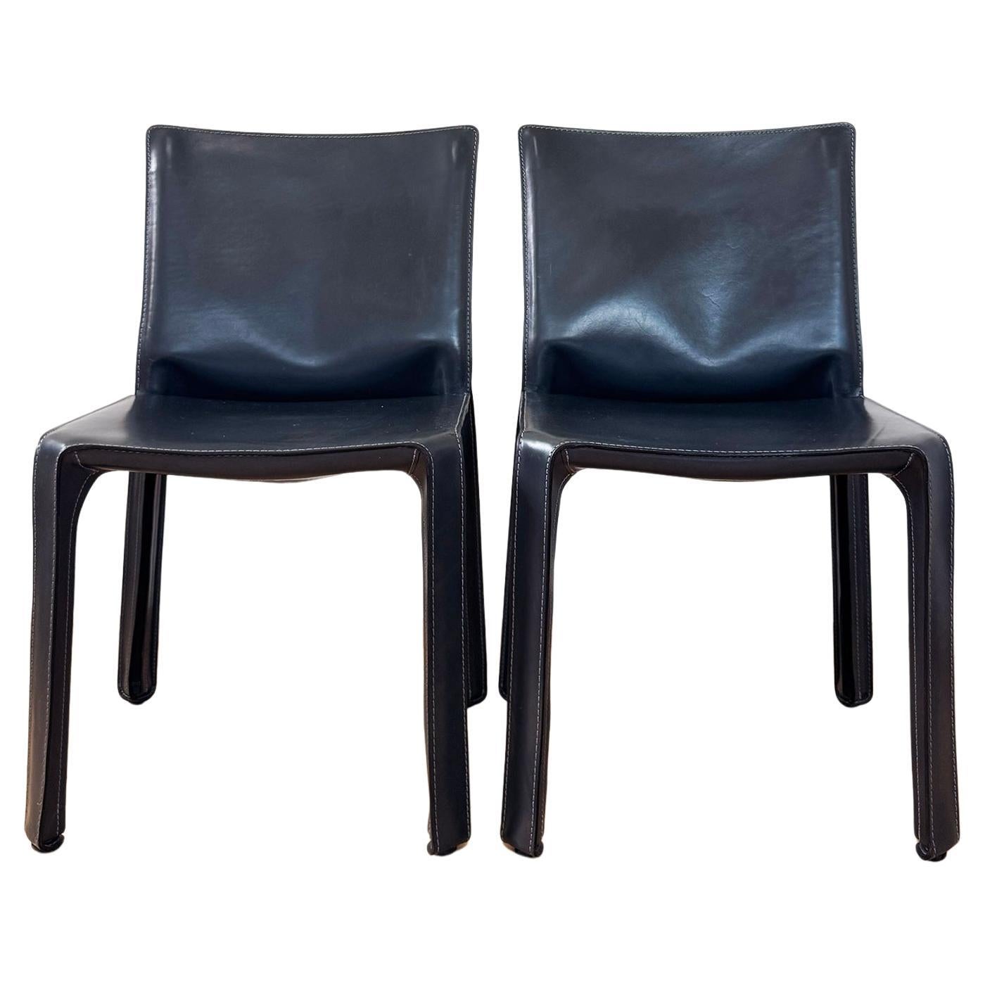 Cassina Cab 412 Sedie Mario Bellini Pelle nera opaca e grigia COPPIA, 2 Sedie