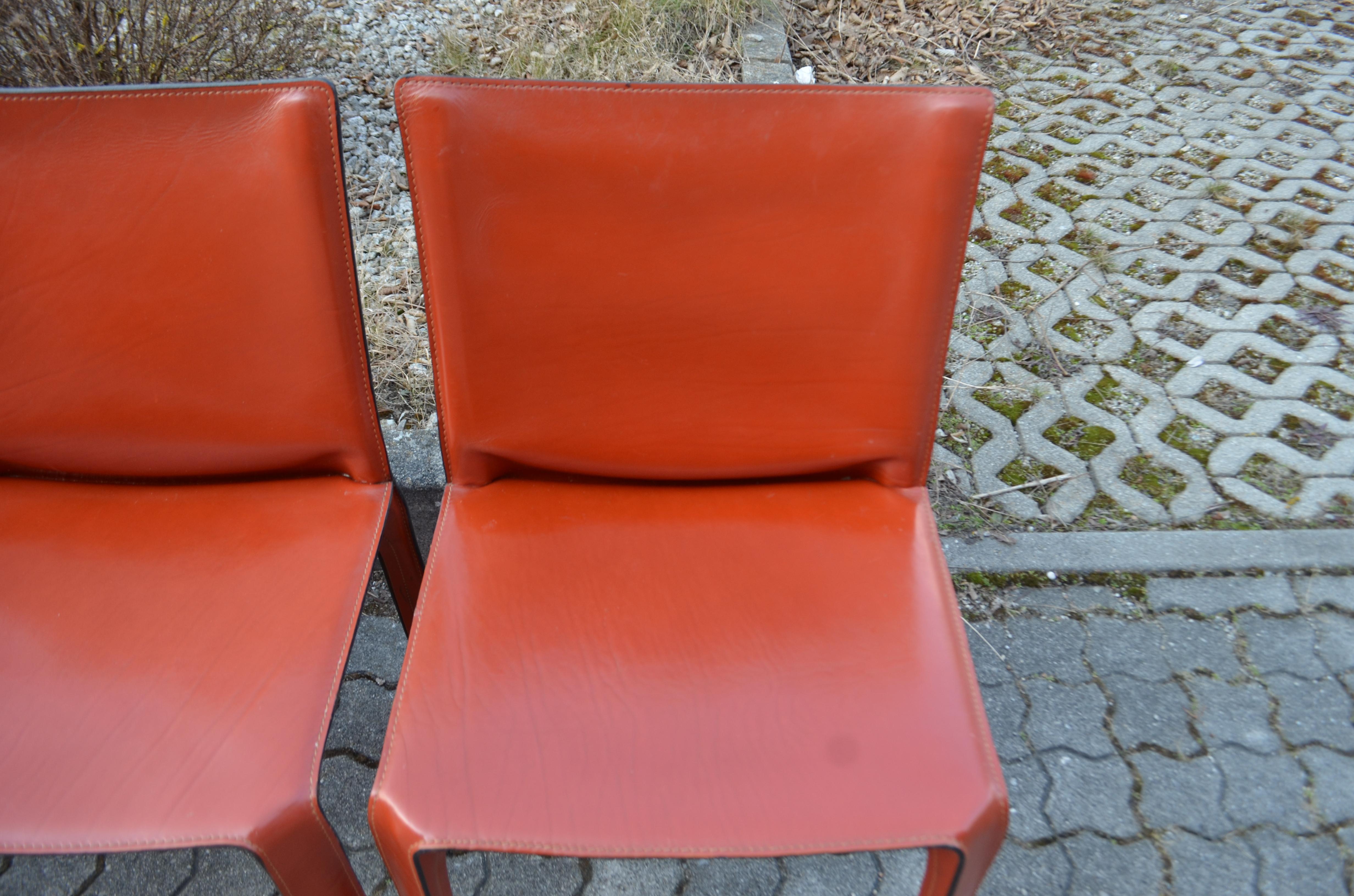 Steel Cassina Cab 412 China Red Leather Dining Chair Set of 4 For Sale