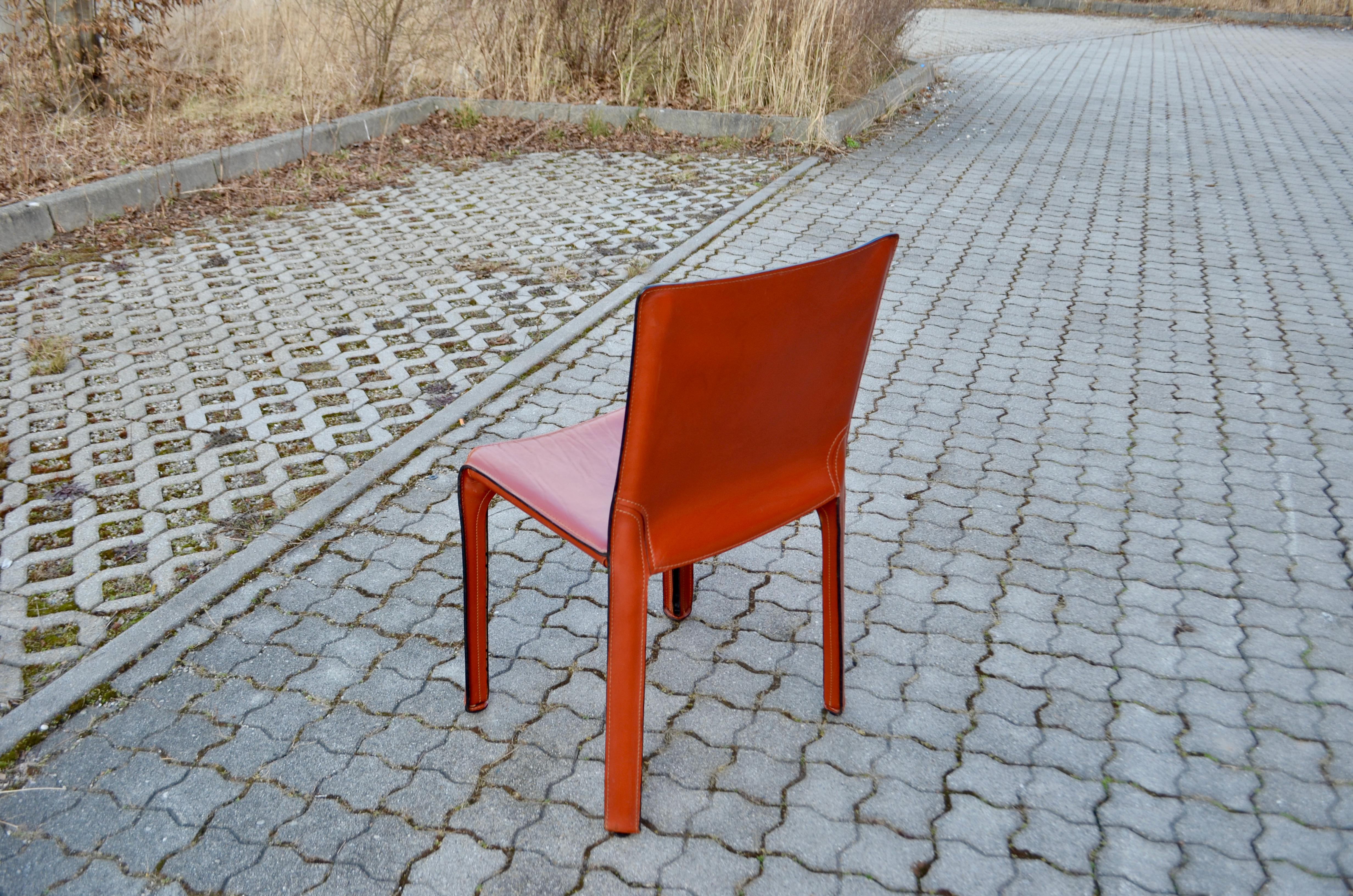 Cassina Cab 412 China Red Leather Dining Chair Set of 4 For Sale 5