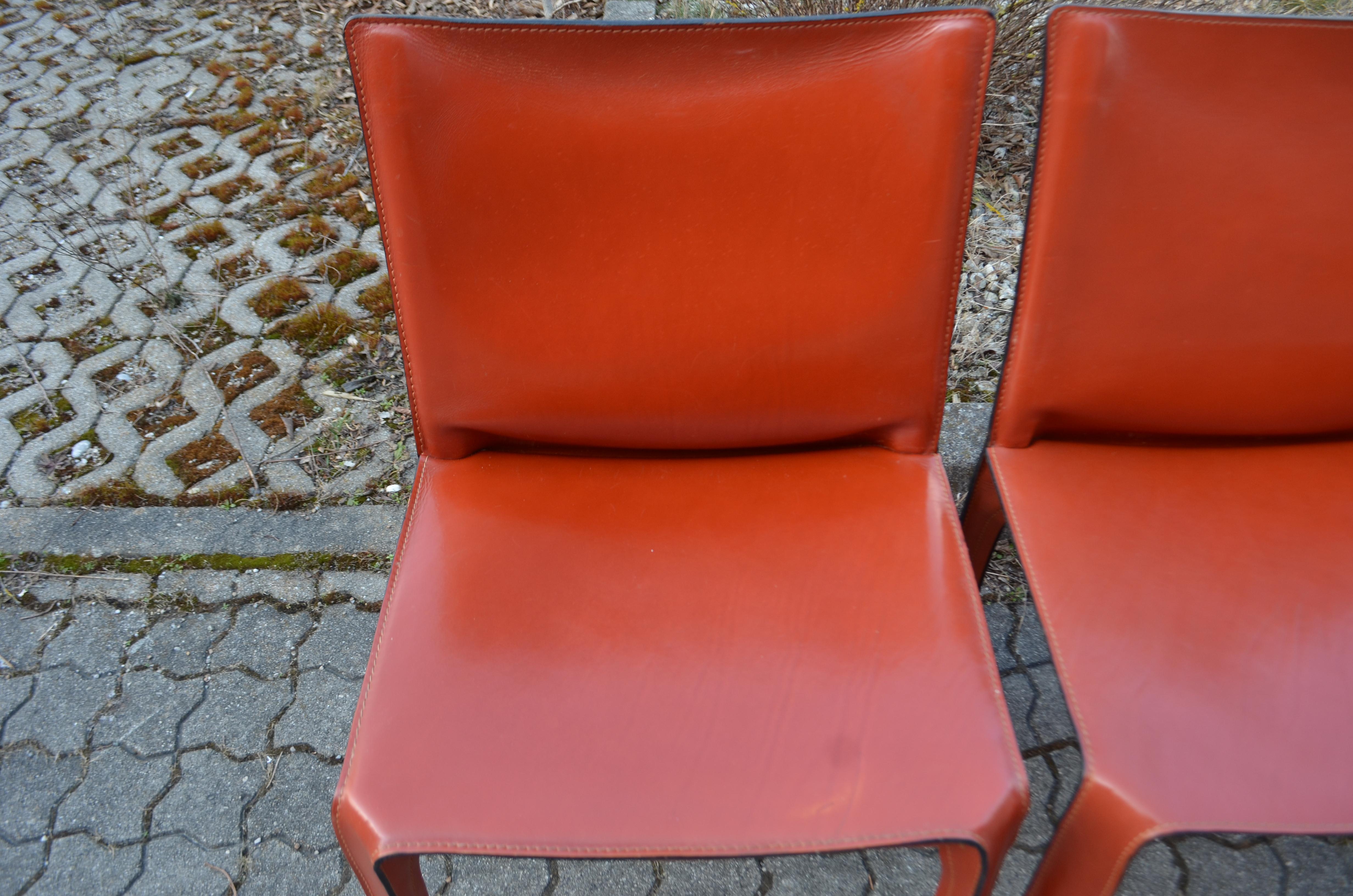 Italian Cassina Cab 412 China Red Leather Dining Chair Set of 4 For Sale