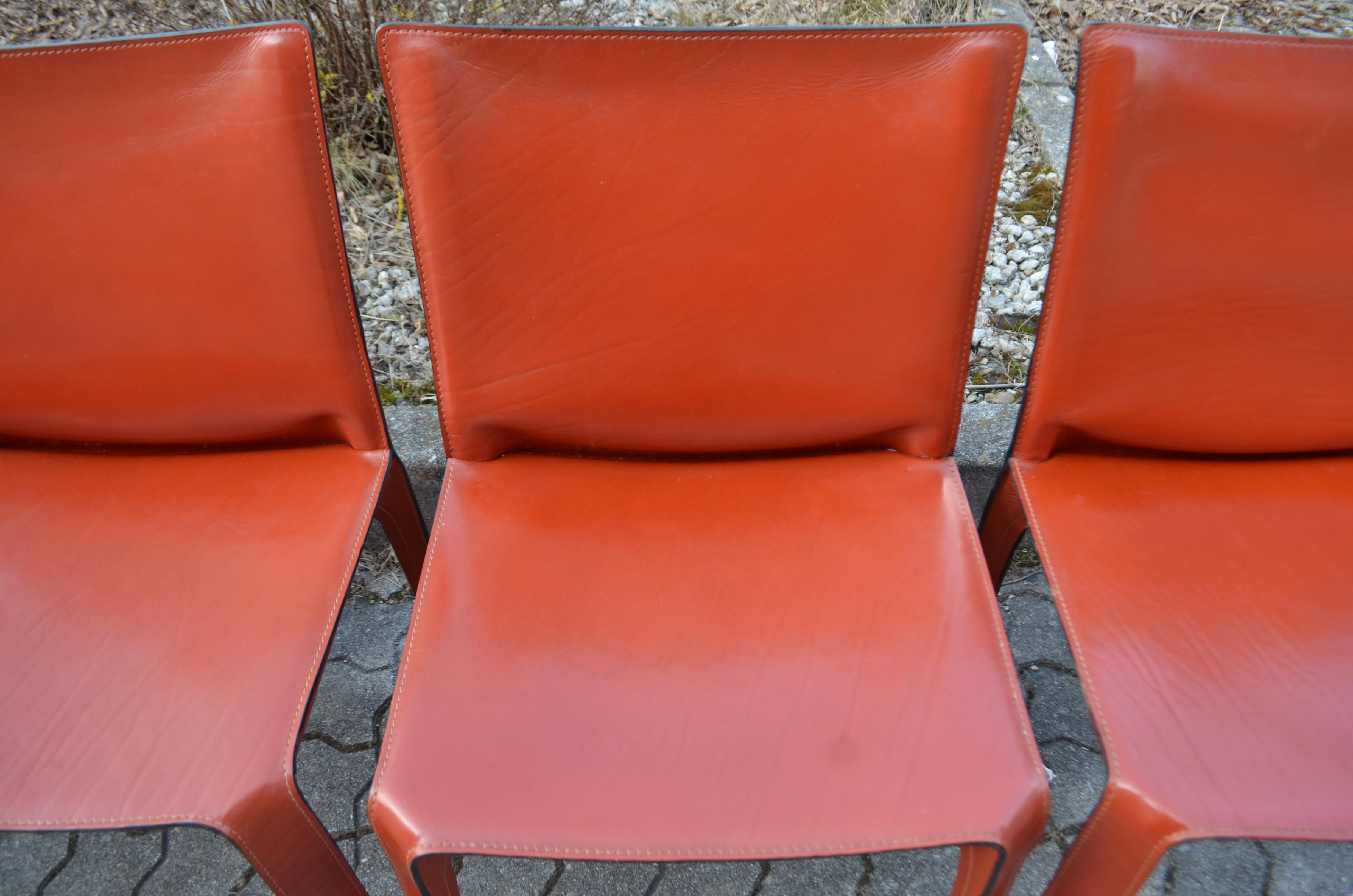 Late 20th Century Cassina Cab 412 China Red Leather Dining Chair Set of 4 For Sale