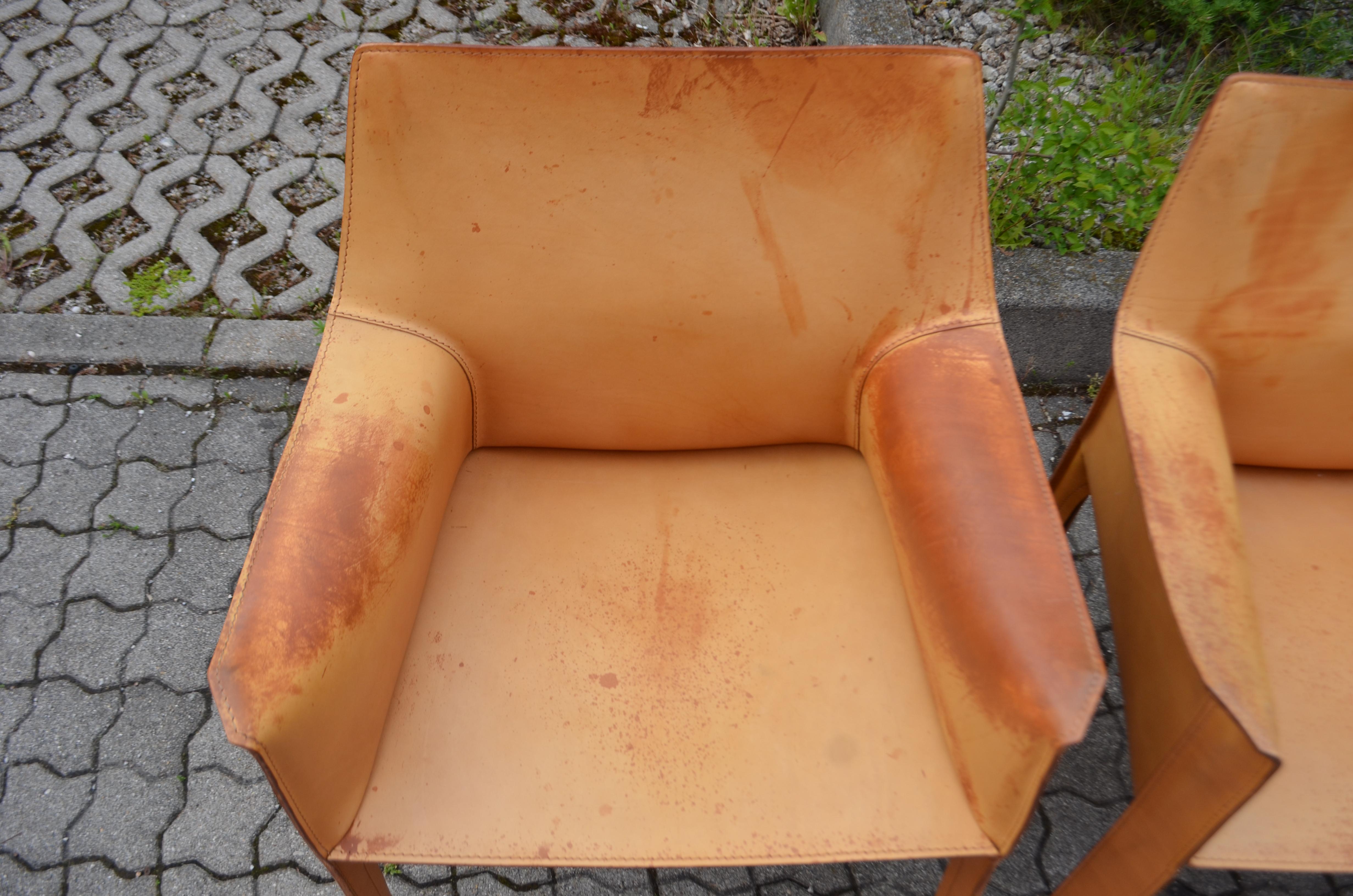 Steel Cassina Cab 413 Vegetal Natural Cognac Leather Dining Chair Armchair Set of 4