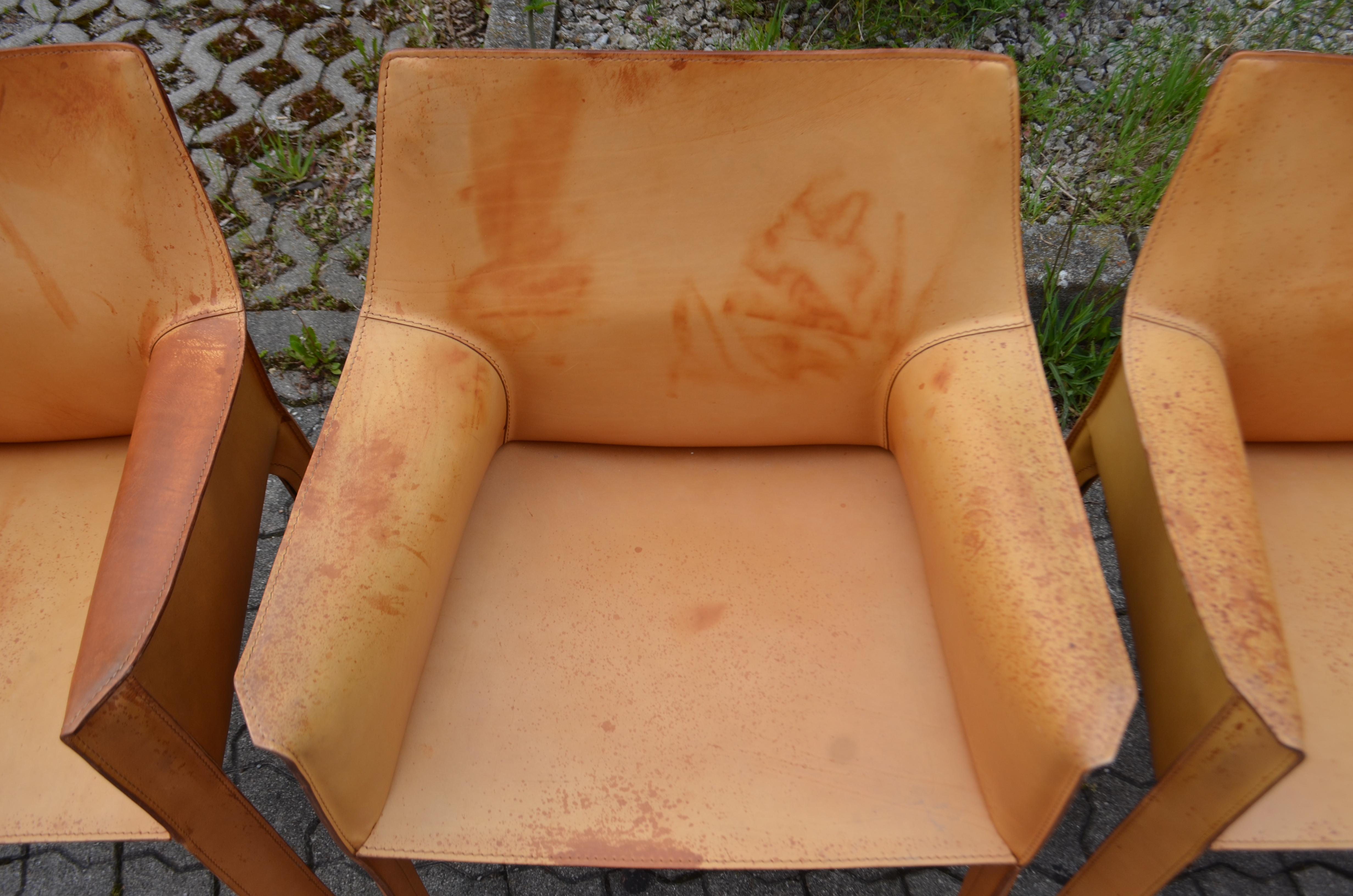 Cassina Cab 413 Vegetal Natural Cognac Leather Dining Chair Armchair Set of 4 1