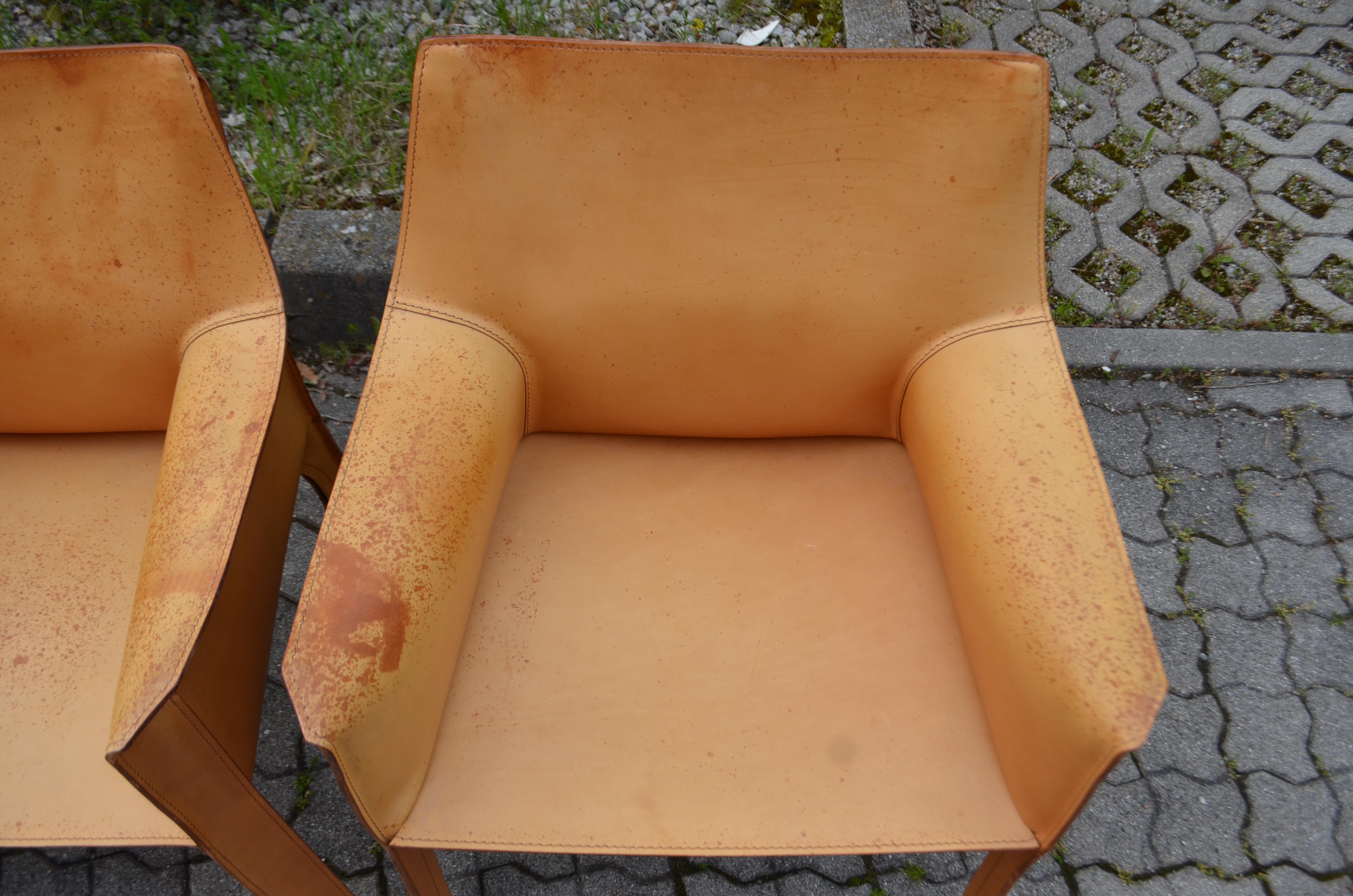 Cassina Cab 413 Vegetal Natural Cognac Leather Dining Chair Armchair Set of 4 3