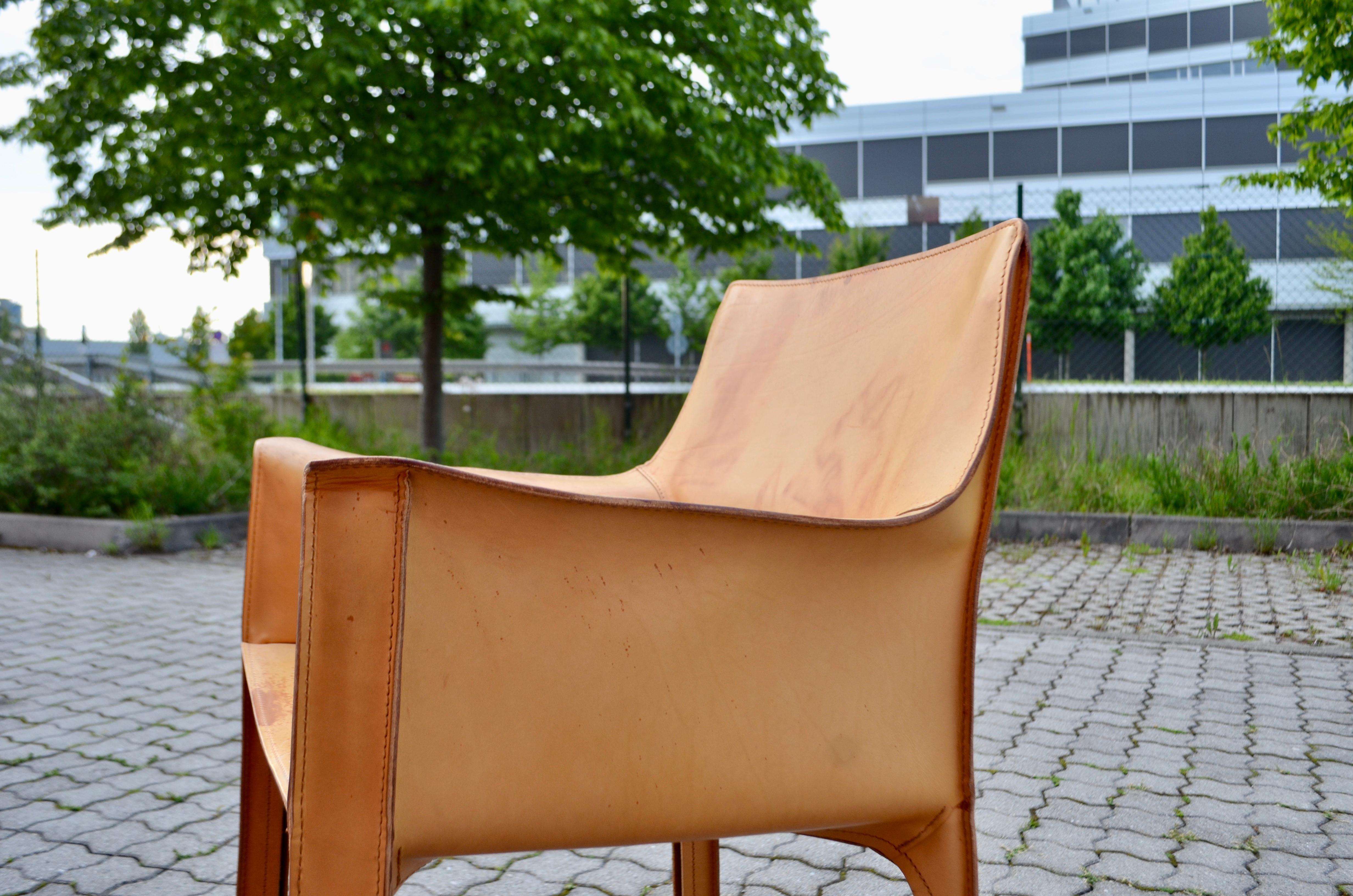 Mid-Century Modern Cassina Cab 413 Vegetal Natural Cognac Leather Dining Chair Armchair Set of 4
