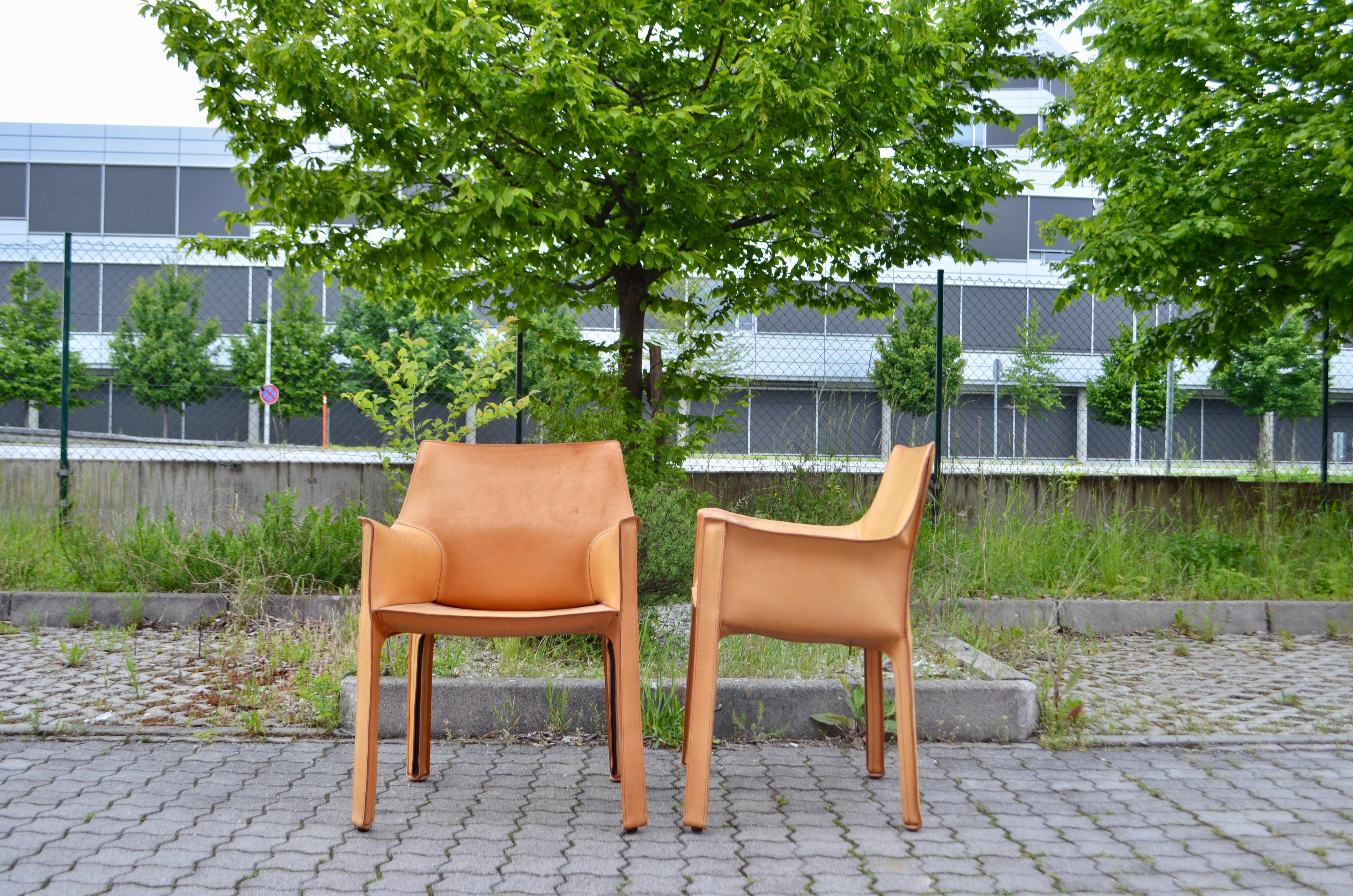 Italian Cassina Cab 413 Vegetal Natural Cognac Leather Dining Chair Armchair Set of 4