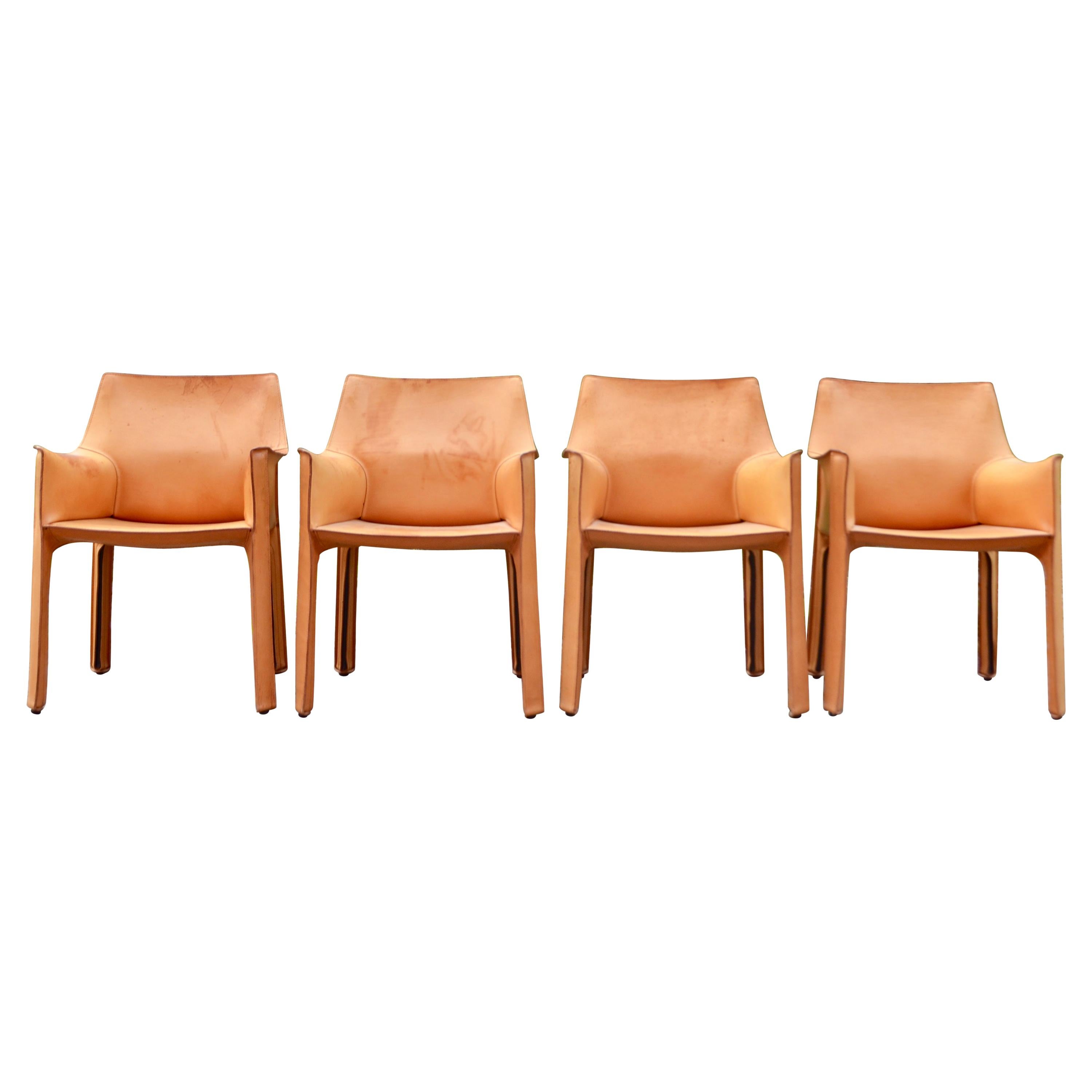 Cassina Cab 413 Vegetal Natural Cognac Leather Dining Chair Armchair Set of 4