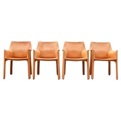 Vintage Cassina Cab 413 Vegetal Natural Cognac Leather Dining Chair Armchair Set of 4