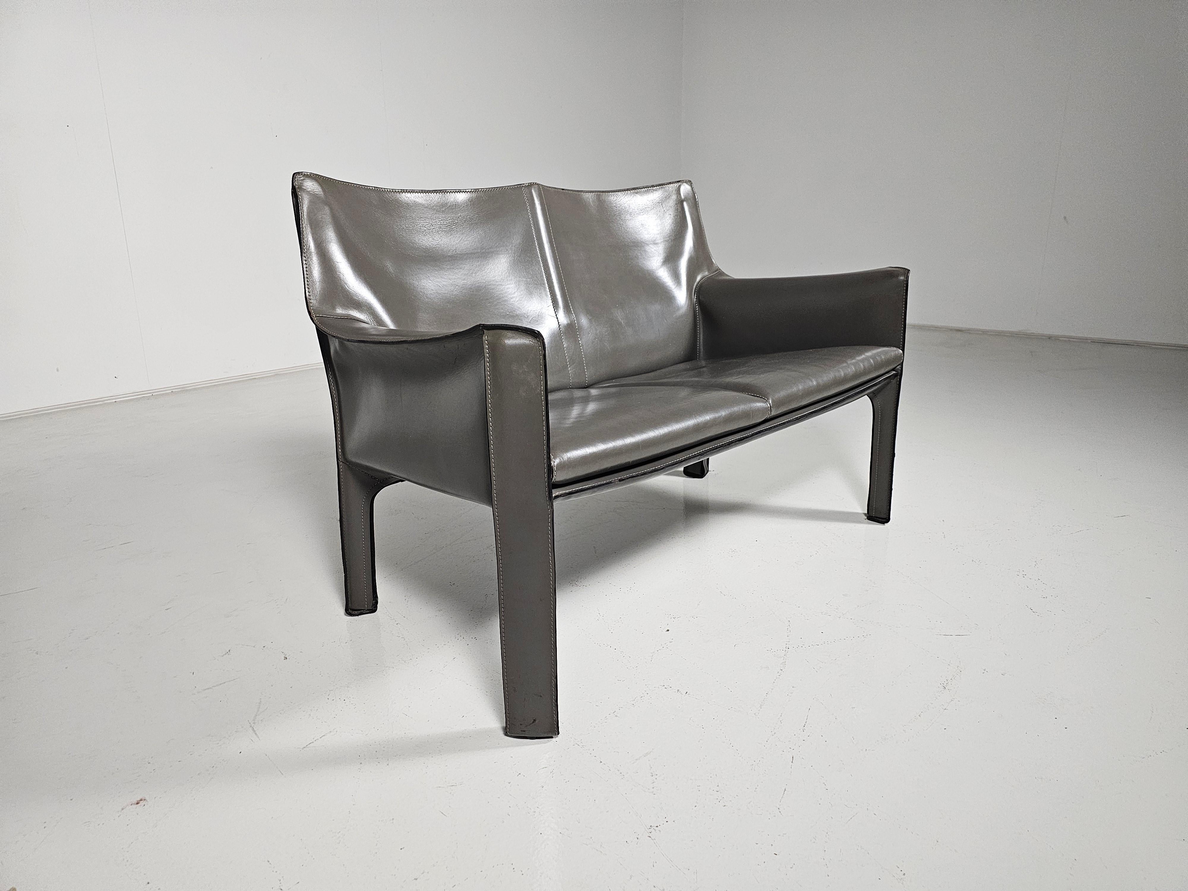 Mid-Century Modern Cassina CAB-414 2-seater sofa in grey leather by Mario Bellini, 1980s