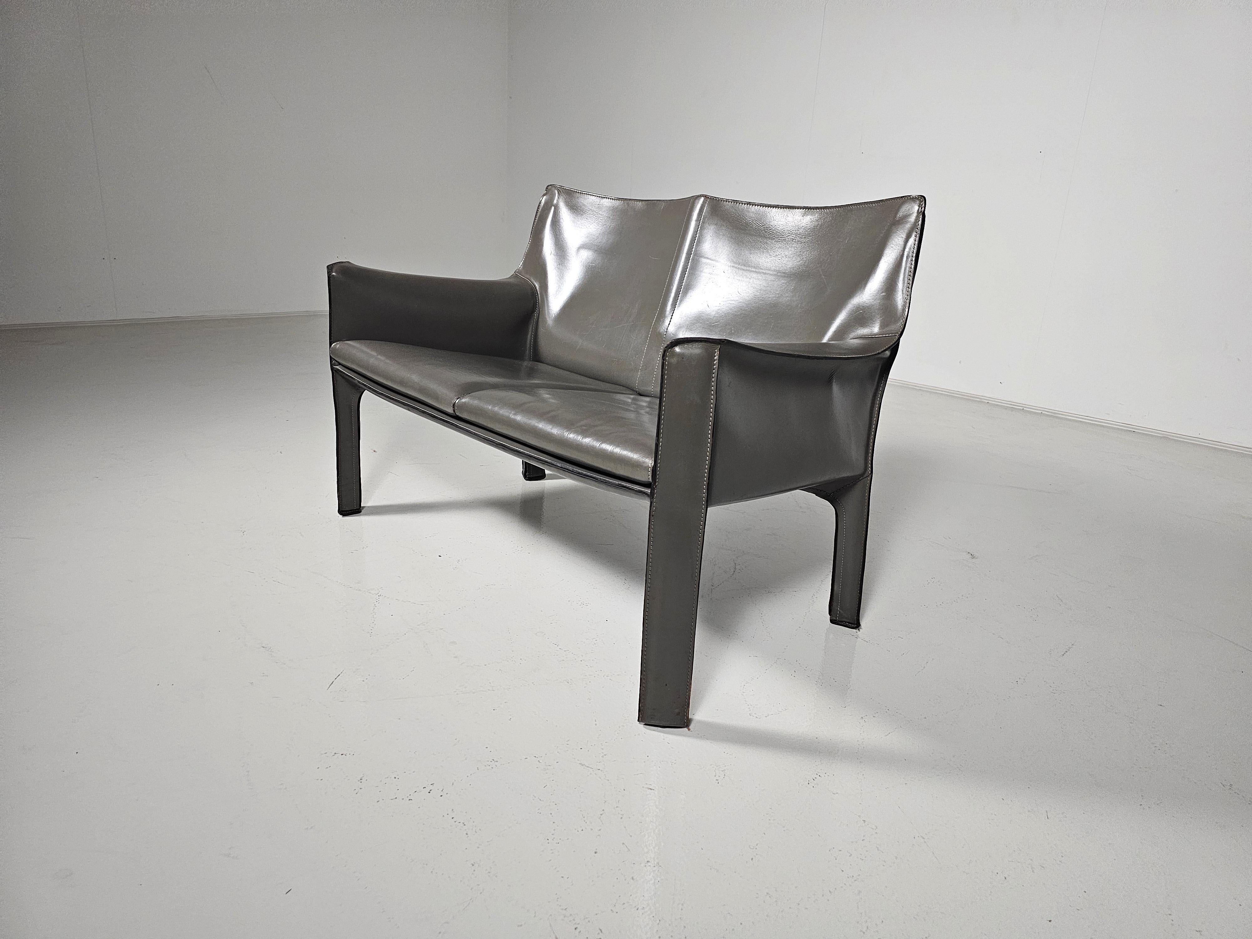 Italian Cassina CAB-414 2-seater sofa in grey leather by Mario Bellini, 1980s