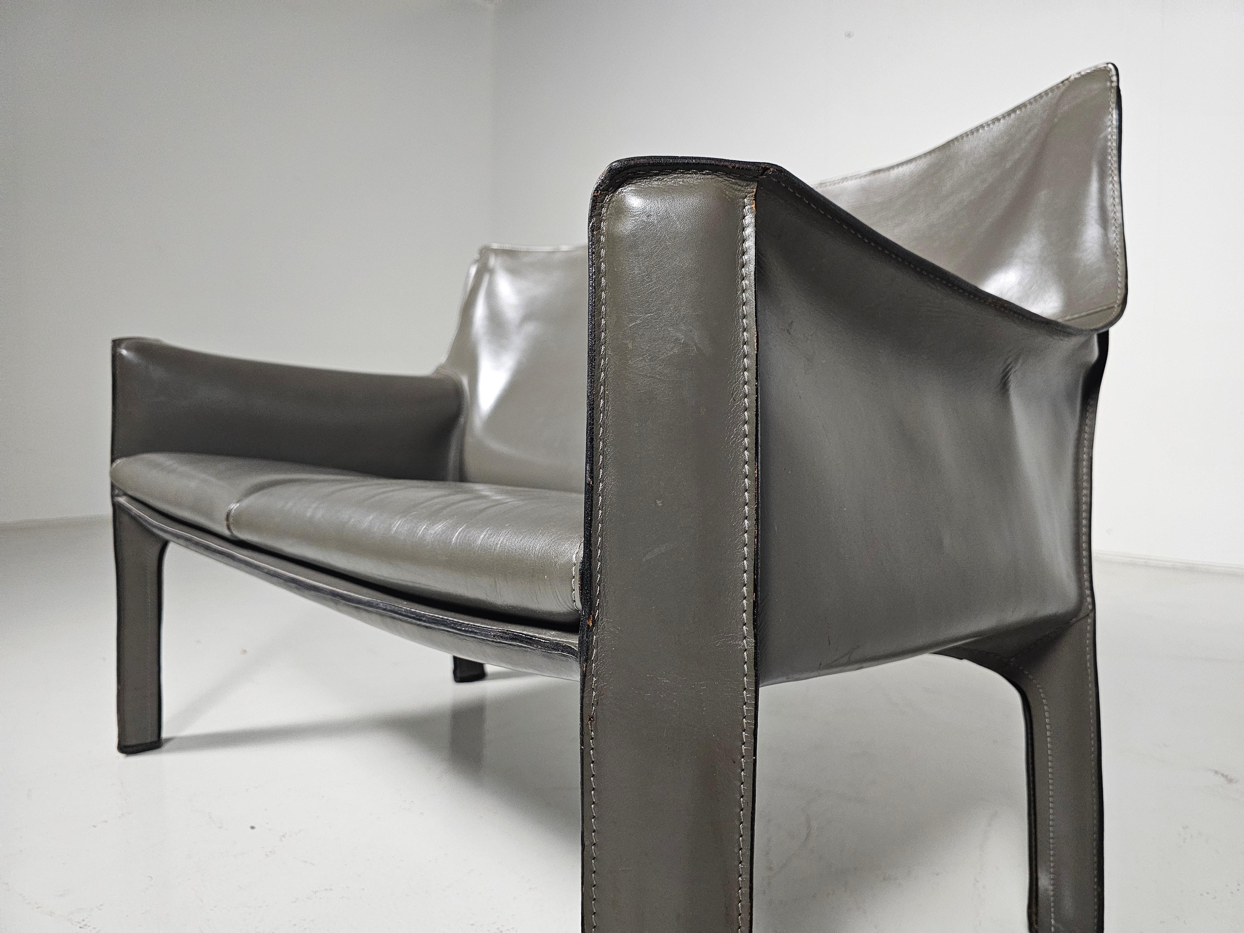 Leather Cassina CAB-414 2-seater sofa in grey leather by Mario Bellini, 1980s