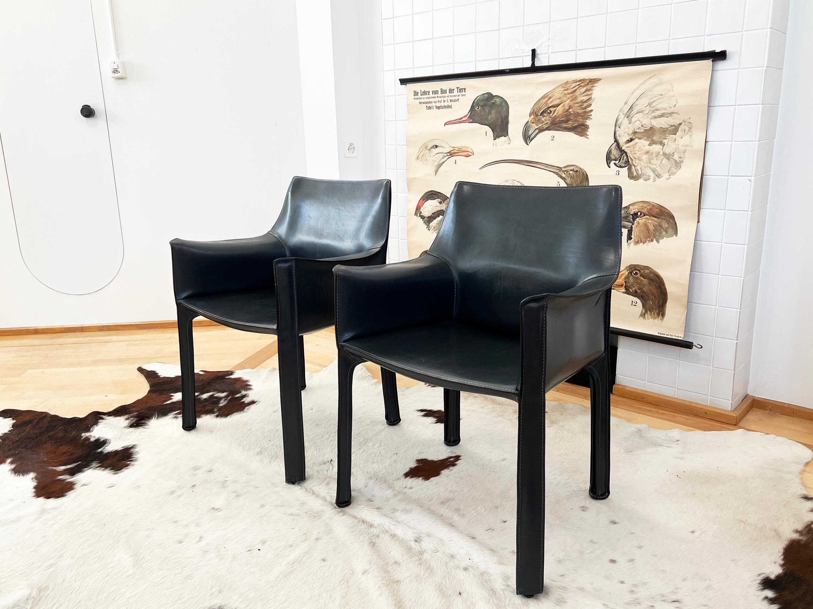 Post-Modern Cassina Cab 414 Armchairs PAIR by Mario Bellini in Dark Grey Matte Black Leather For Sale