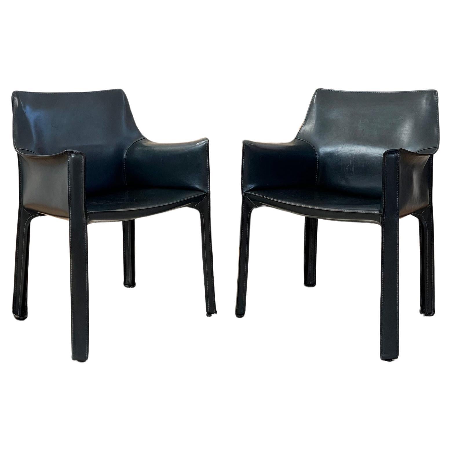 Cassina Cab 414 Armchairs PAIR by Mario Bellini in Dark Grey Matte Black Leather For Sale