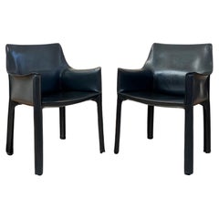 Cassina Cab 414 Armchairs PAIR by Mario Bellini in Dark Grey Matte Black Leather