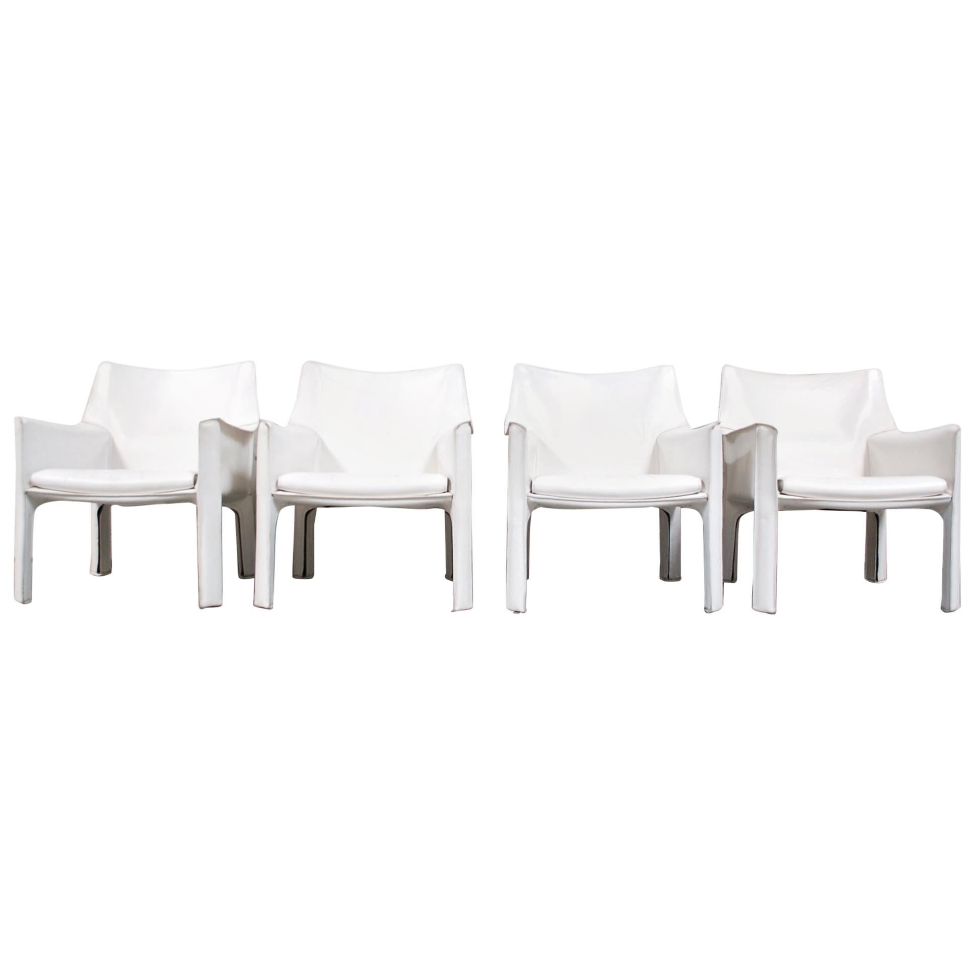 Cassina Cab 414 Leather 4x Lounge Chair Armchair White Set of 4