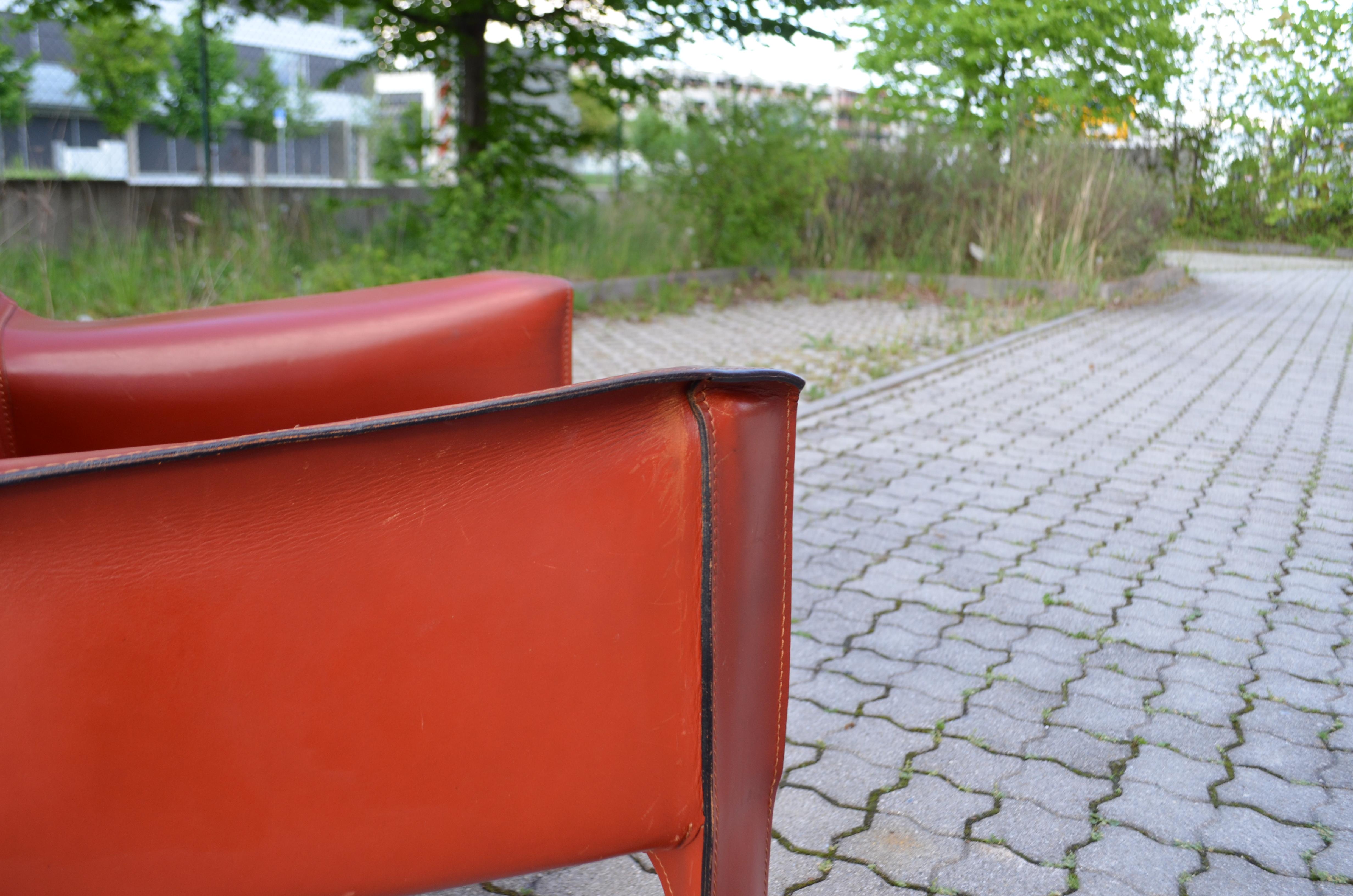 Late 20th Century Cassina Cab 414 Leather Lounge Chair Armchair China Red / Ox Red For Sale