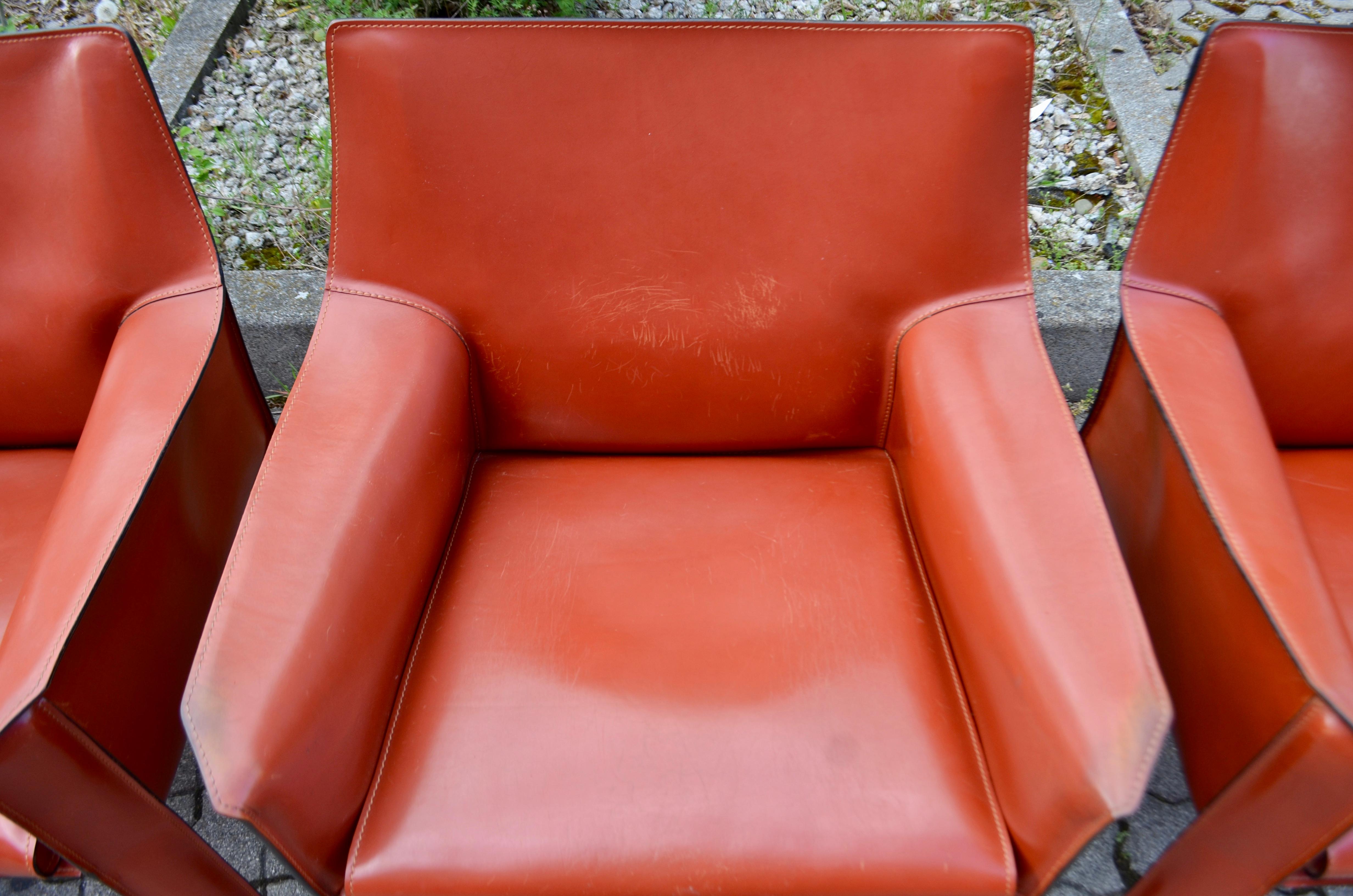 Cassina Cab 414 Leather Lounge Chair Armchair China Red / Ox Red Set of 4 For Sale 1