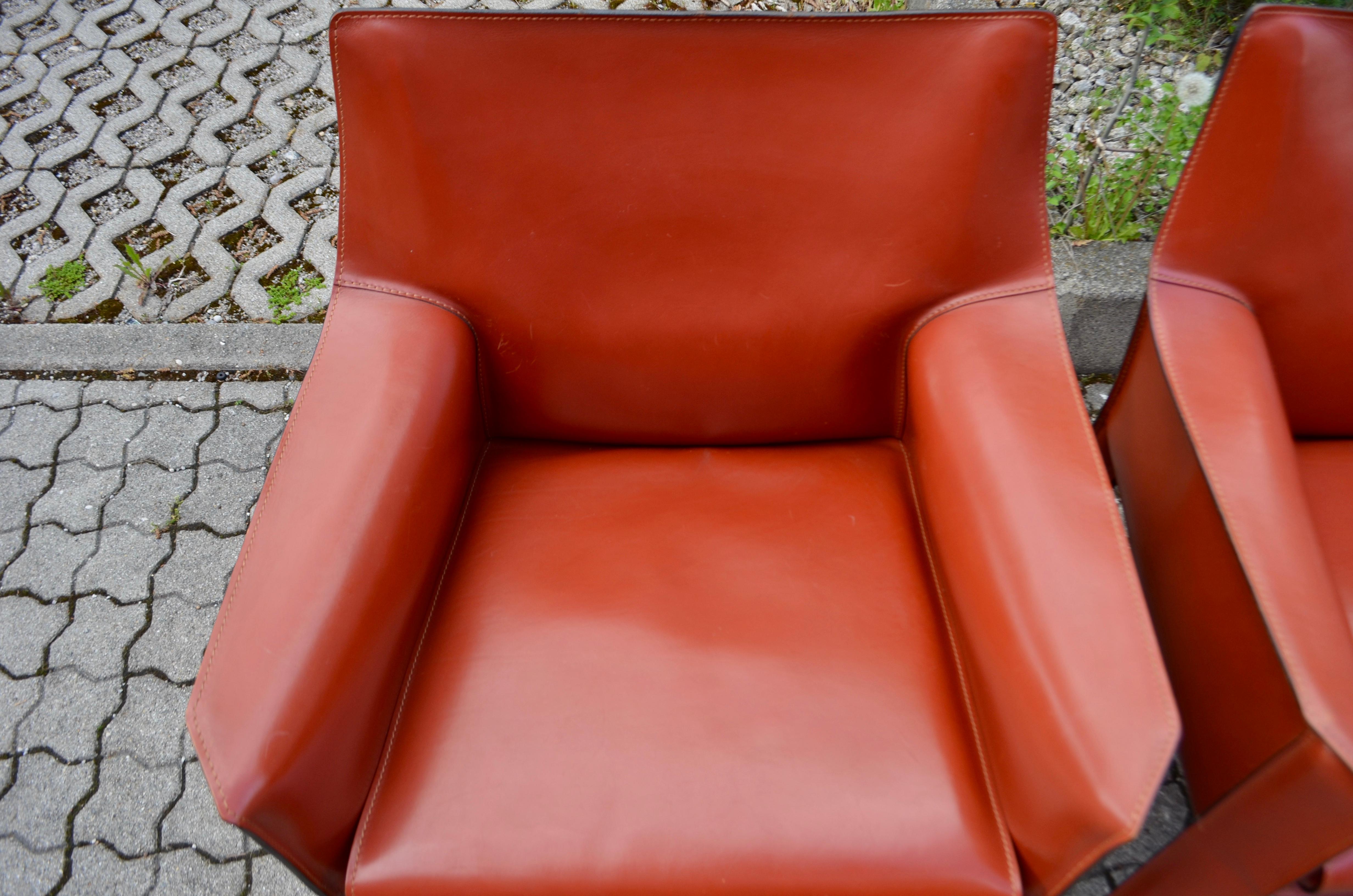 Late 20th Century Cassina Cab 414 Leather Lounge Chair Armchair China Red / Ox Red Set of 4 For Sale