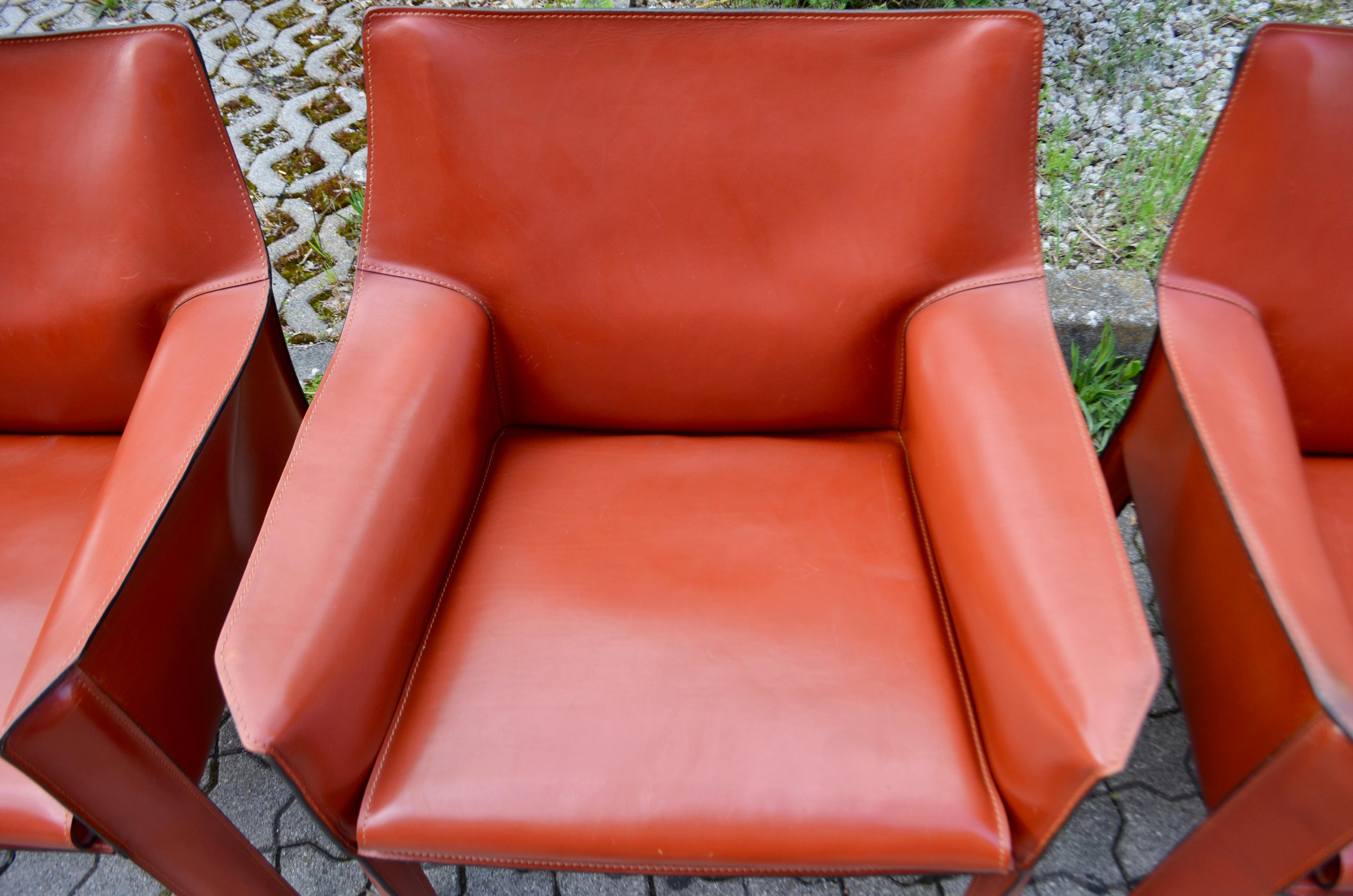 Steel Cassina Cab 414 Leather Lounge Chair Armchair China Red / Ox Red Set of 4 For Sale