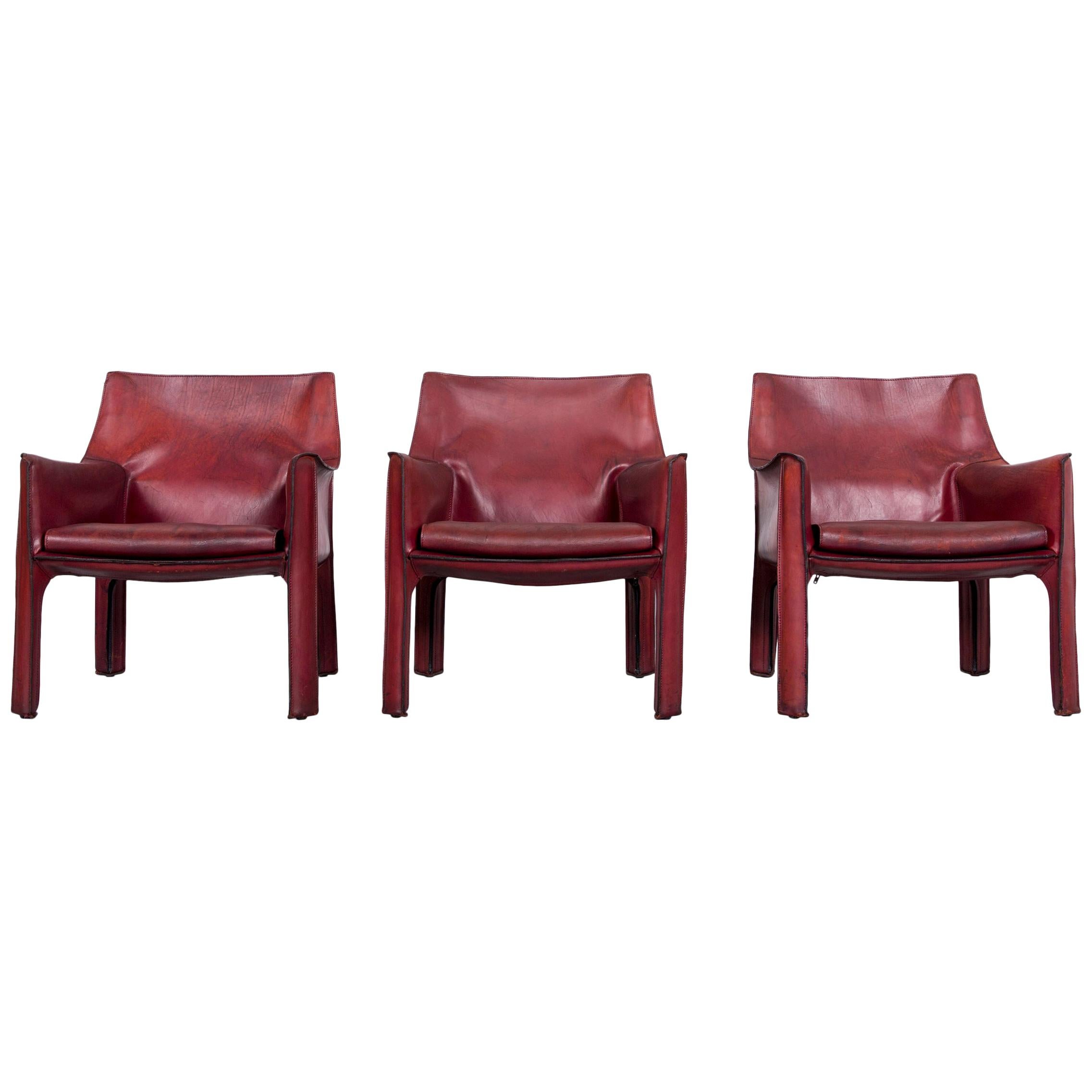 Cassina Cab 414 Vintage Leather Armchair Set Red by Mario Belinni 1970-1979