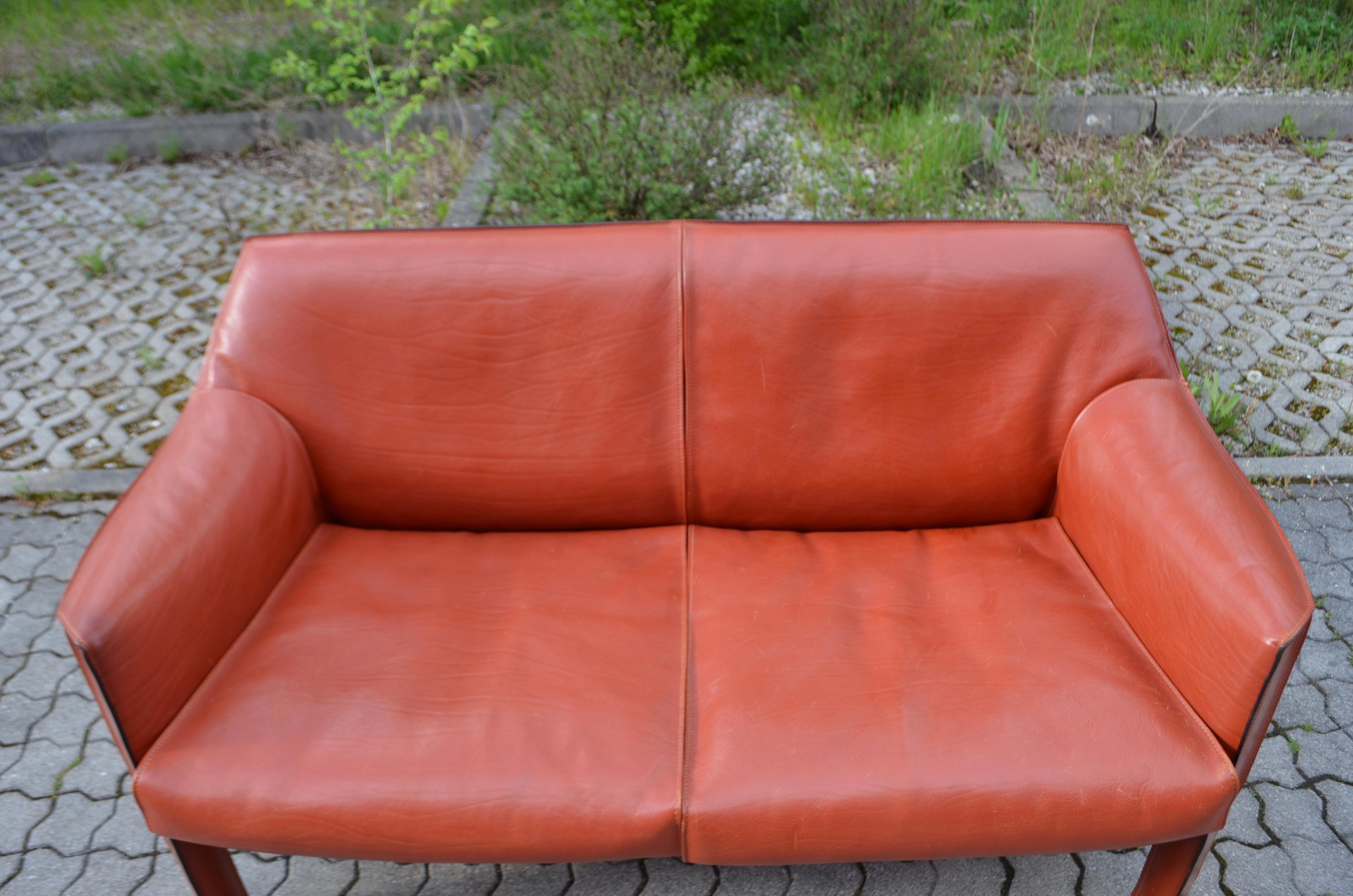 Italian Cassina Cab 415 Neck Saddle Leather Sofa China Red / Ox Red For Sale