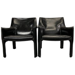 Cassina Cab Chairs by Mario Bellini in Black Leather, a Pair Midcentury