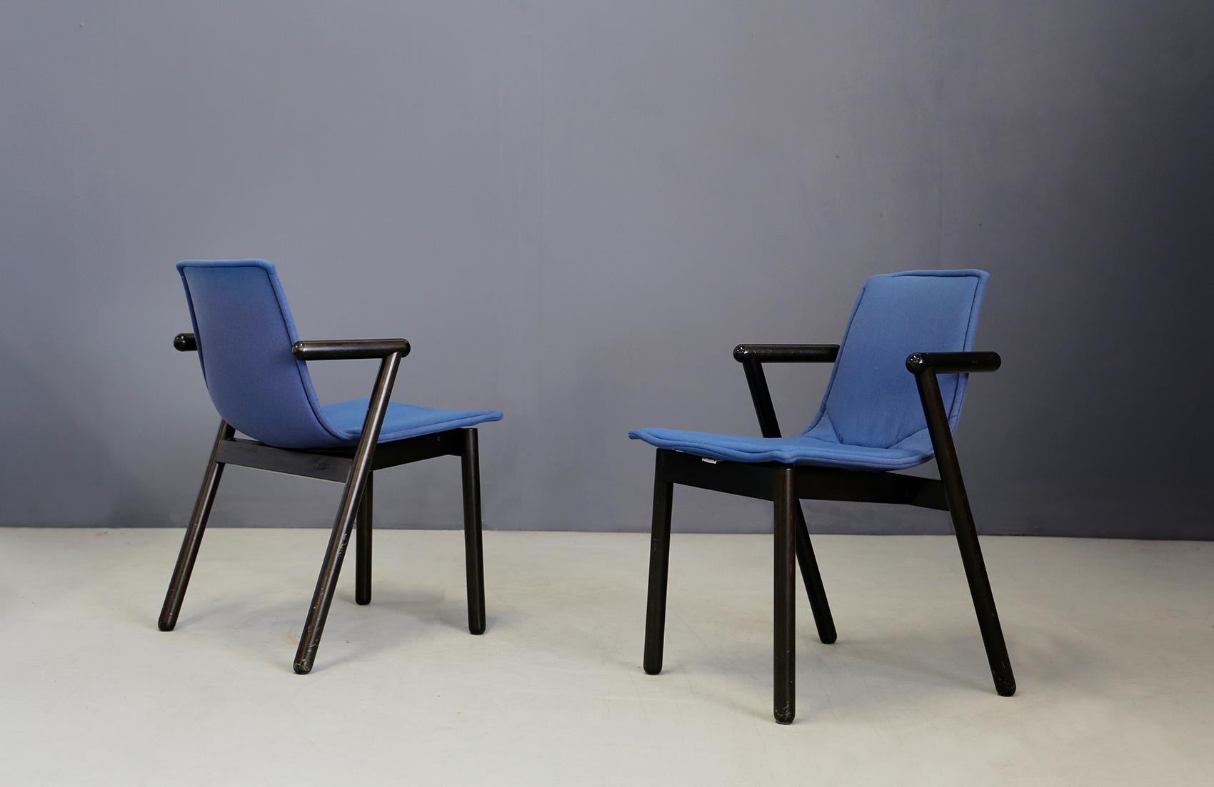 Italian Cassina Chairs Blue Set of Four in Black Lacquered Wood Postmodern, 1980s