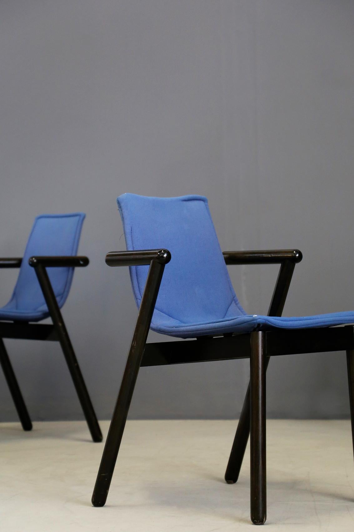 Cassina Chairs Blue Set of Four in Black Lacquered Wood Postmodern, 1980s 2