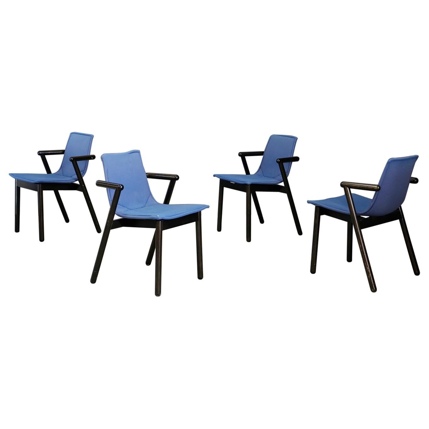 Cassina Chairs Blue Set of Four in Black Lacquered Wood Postmodern, 1980s