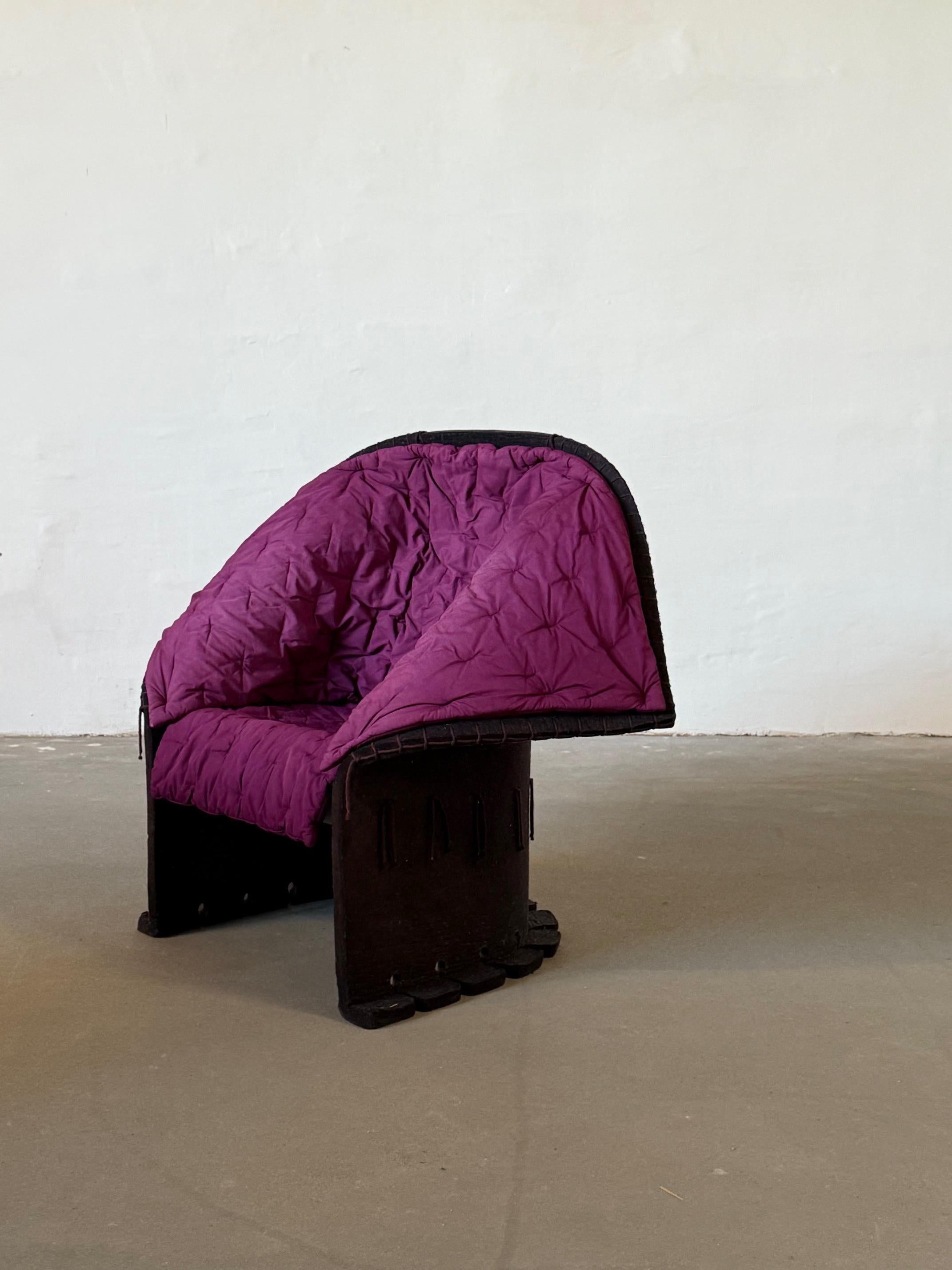 FREE LOCAL DELIVERY WITHIN NEW YORK CITY

Iconic “Feltri” armchair by Gaetano Pesce for Cassina, Italy. This unique piece features its original purple wool felt upholstery, professionally cleaned and well-preserved. The chair remains in good vintage