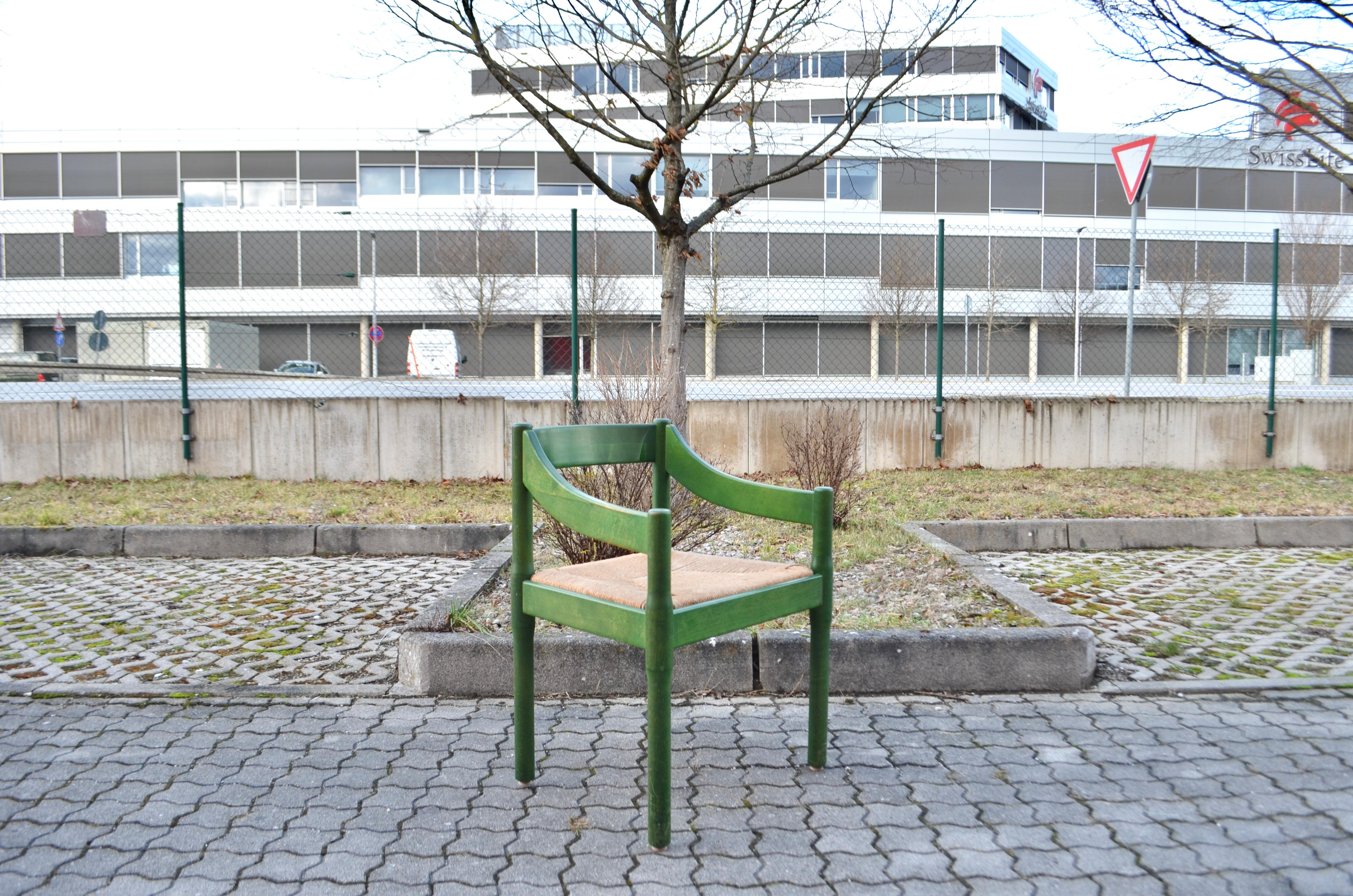 Papercord  Cassina green Carimate Chair in rare birchwood by Vico Magistretti, Set of 6 For Sale