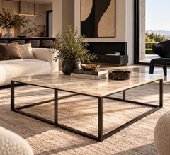 Cassina Italian Modern Square Marble Top Coffee Table with Black Metal Base